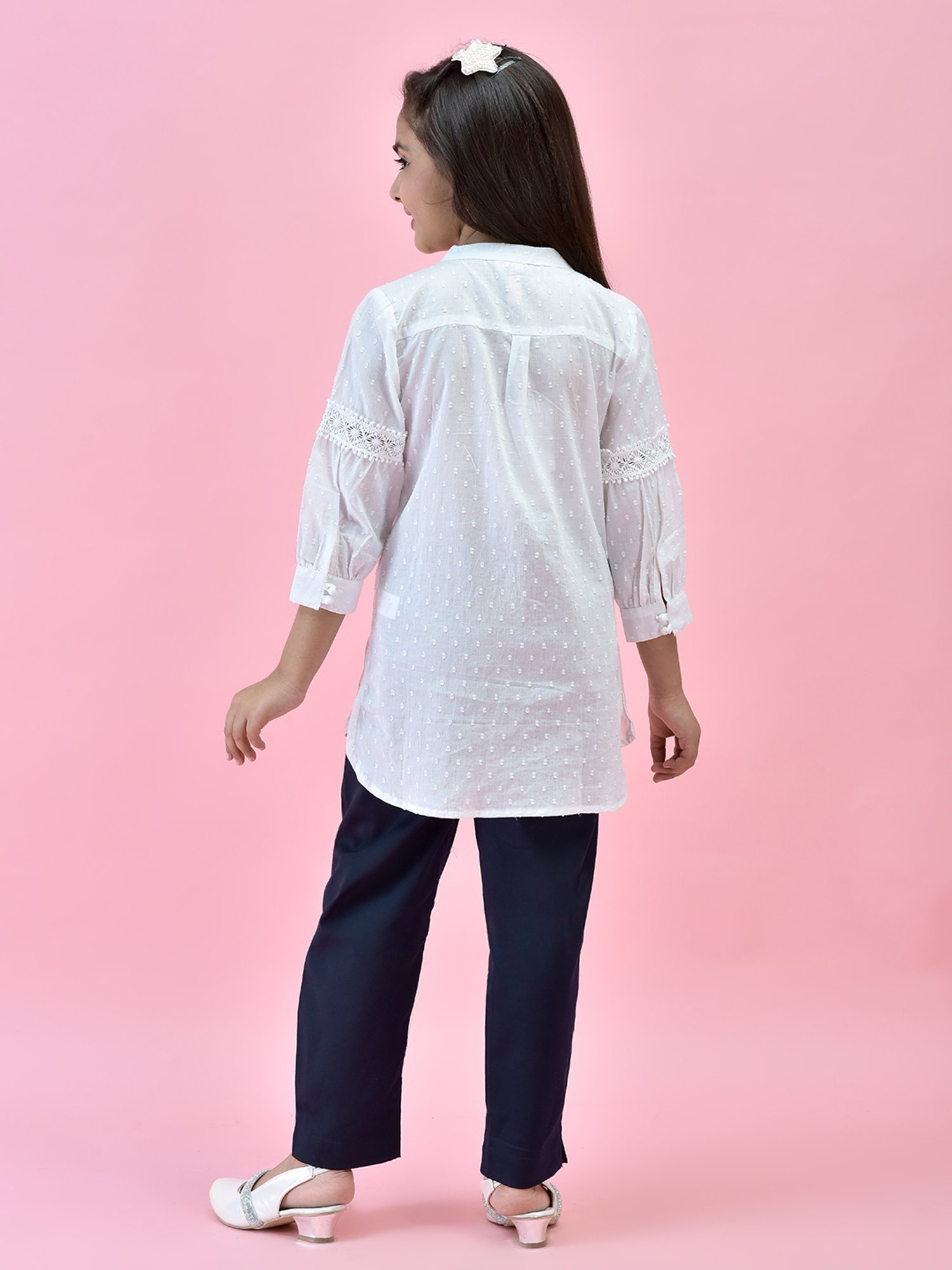 Juniper Girls White & Navy Self Design Shirt With Pants
