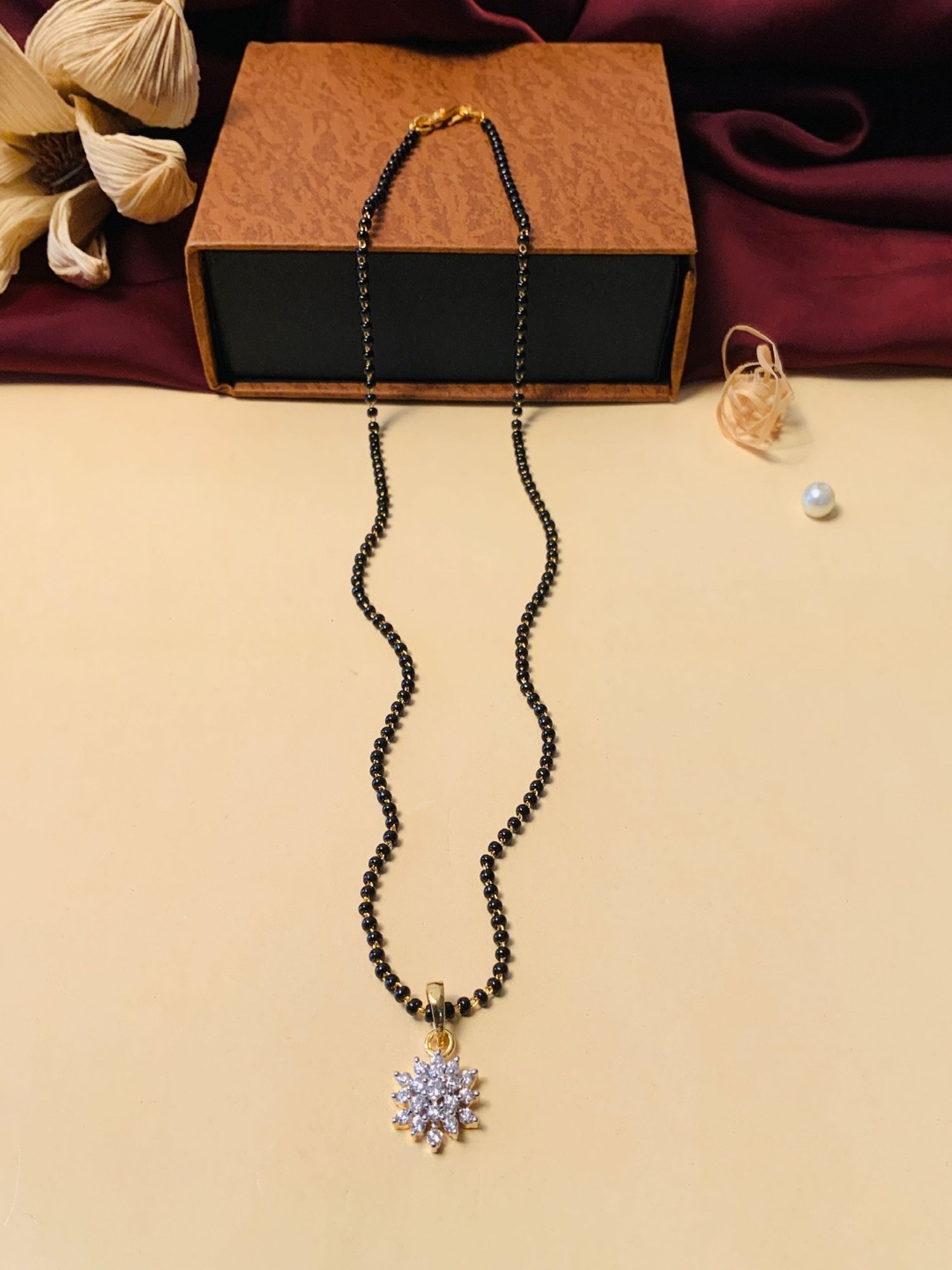 Abdesigns Gold-Plated American Diamond & Black Beaded Mangalsutra