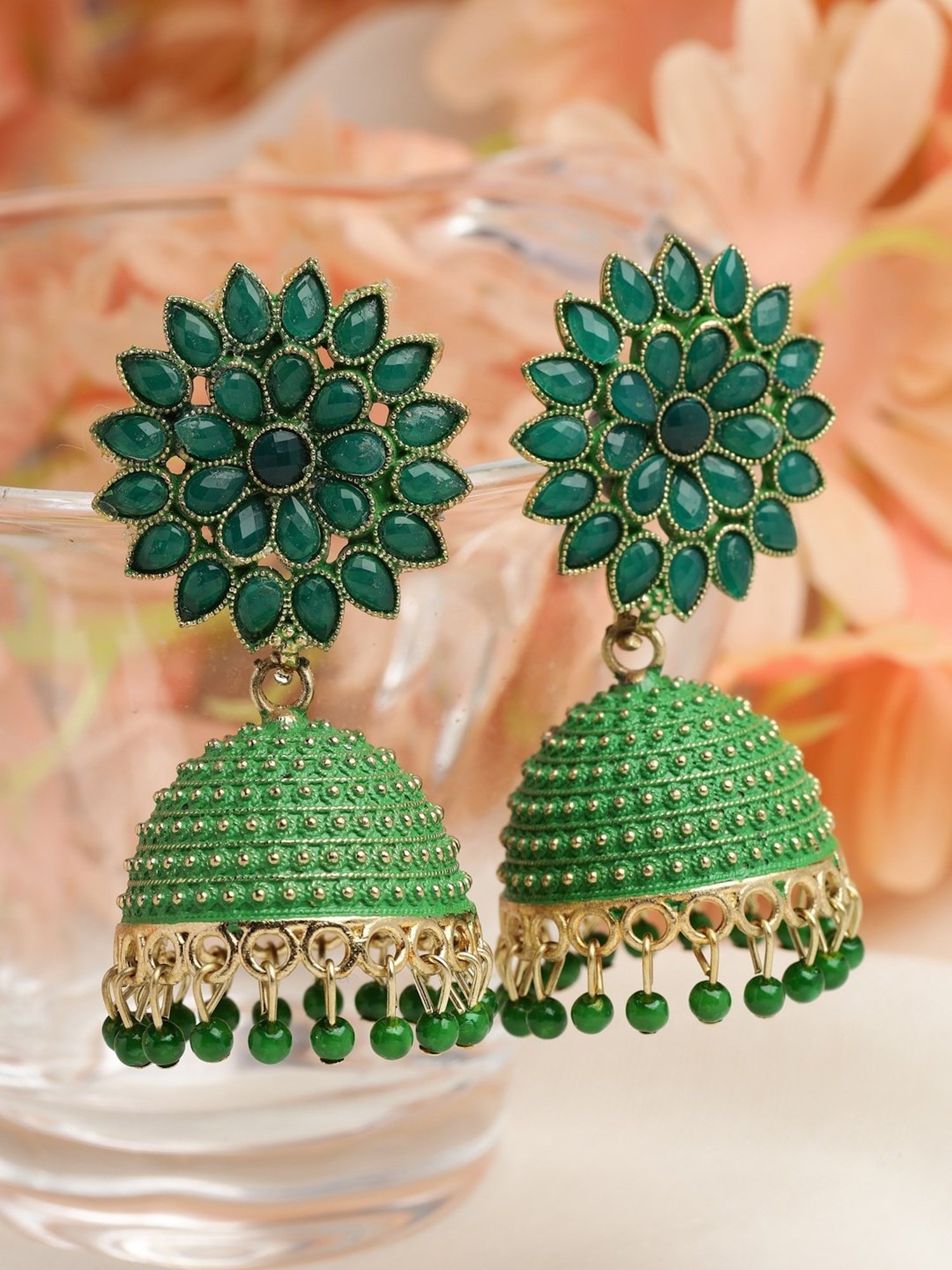 Moedbuille Handcrafted Meenakari Work Crystal Studded Floral Oxidized Gold-Plated Jhumki Earrings