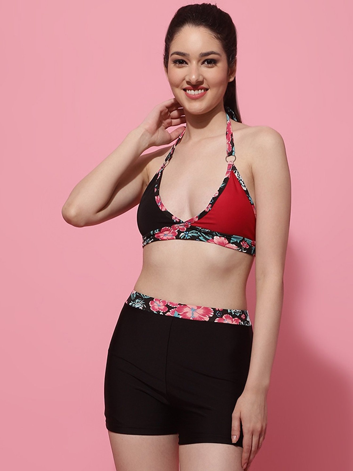 TAG 7 Red & Black Floral Print Swimsuit Set