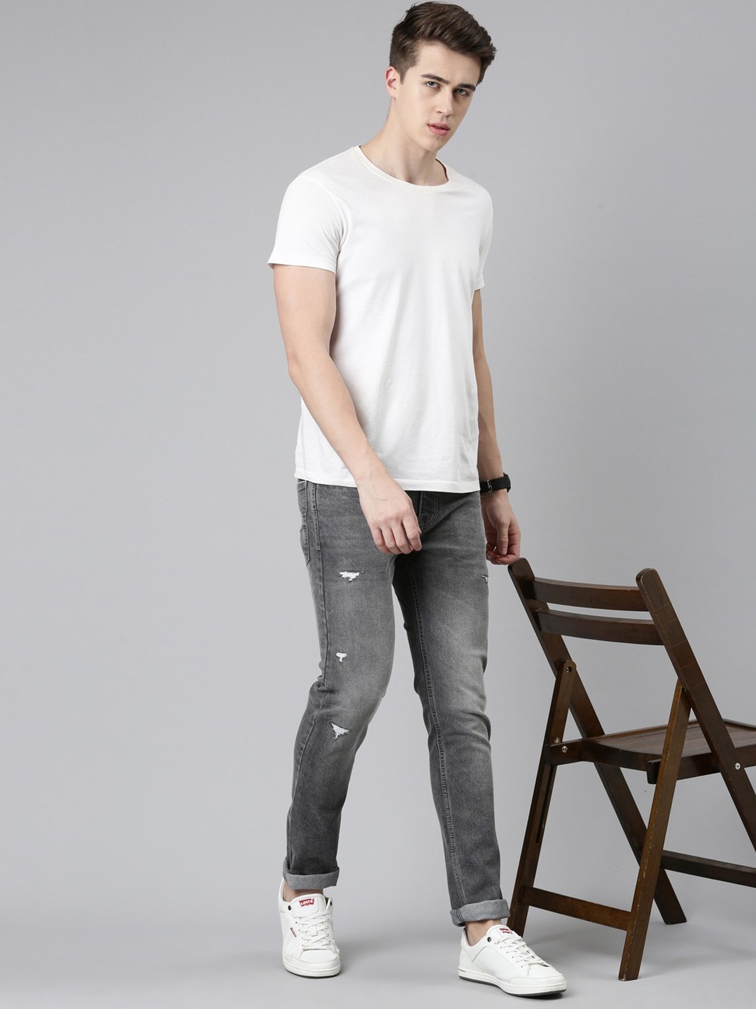 CINOCCI Grey Cotton Slim Fit Distressed Jeans