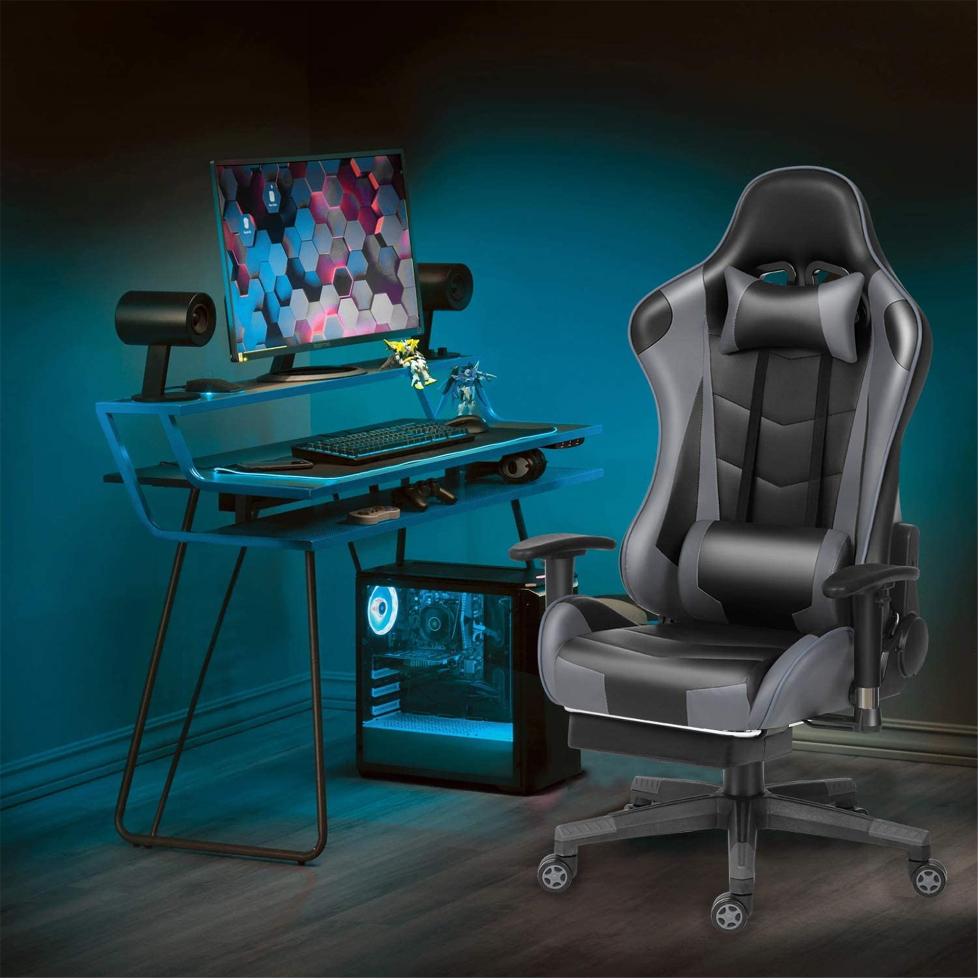Ergonomic Gaming Chair Racing Chair E-Sports Chair Home Office Chair Computer Game Chair Backrest and Seat Height Adjustable Chair with PU Leather Lumbar Support and Headrest