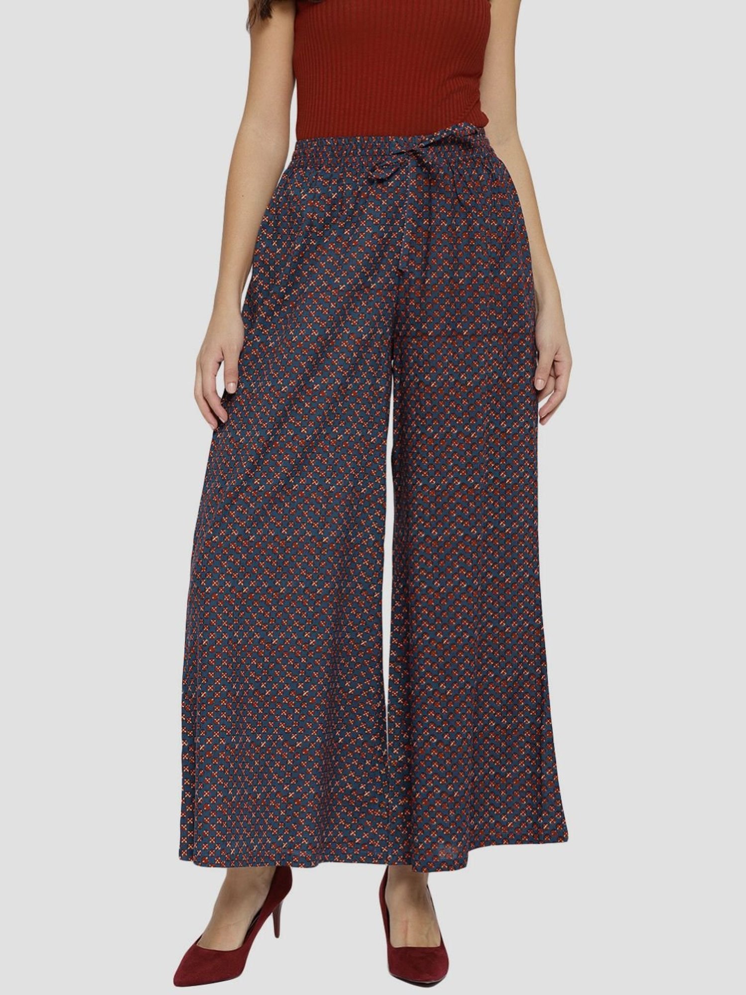 Sringam Blue Cotton Printed Palazzos