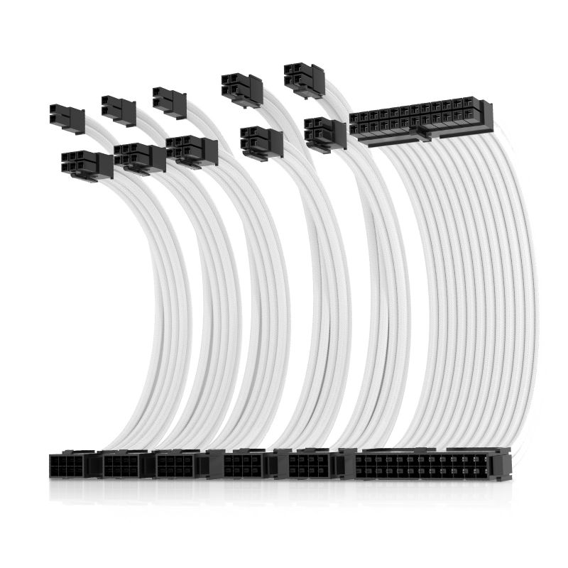 Asiahorse Power Supply Sleeved Cable for Power Supply Extension Cable Wire Kit 1x24-PIN/ 2x8-PIN (4+4) M/B,3x8-PIN (6+2) PCI-E 30cm Length with Combs(Dual EPS White)