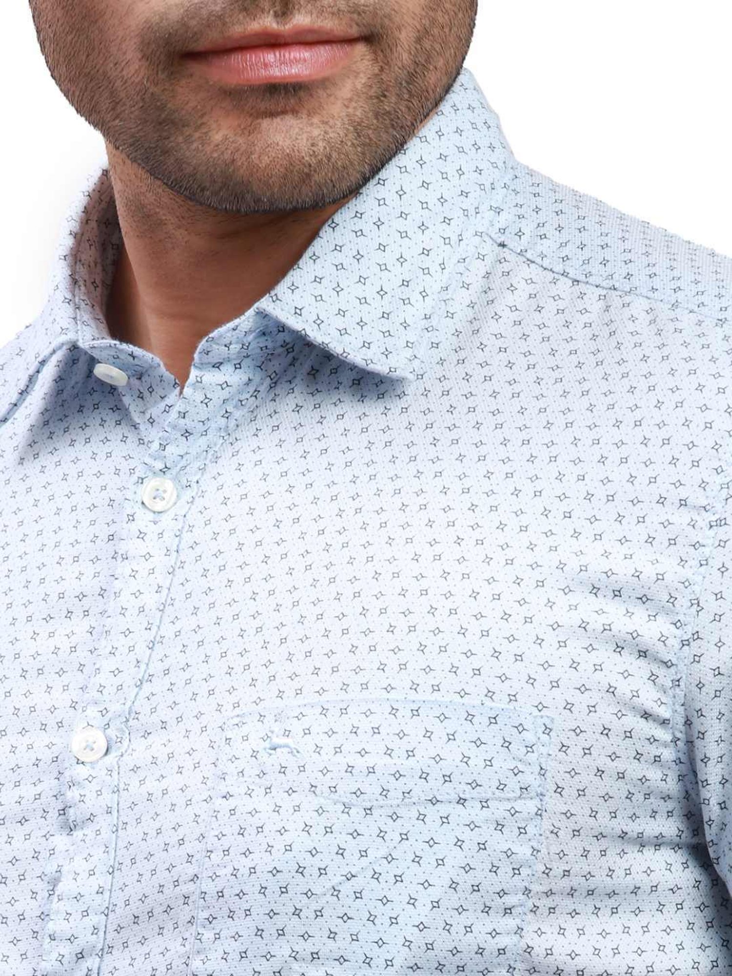 Parx Blue Cotton Slim Fit Printed Shirt