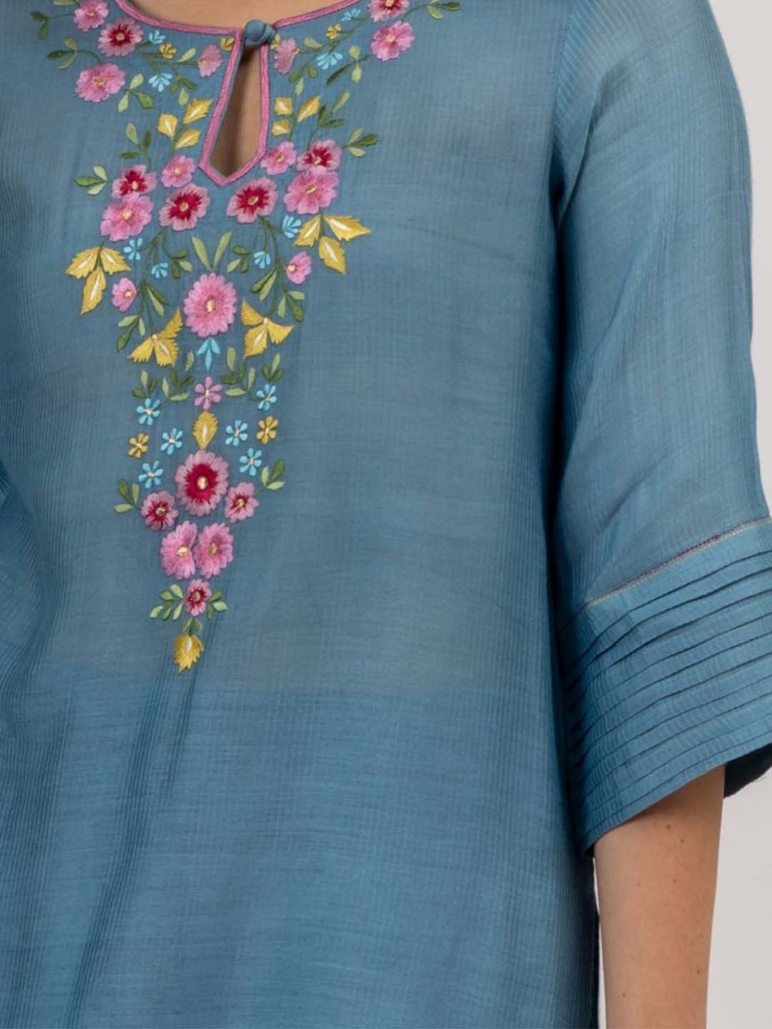 Mushio Blue & Grey Floral Hand Woven Maheshwari Silk Kurta With Slip With Cotton Silk Pants