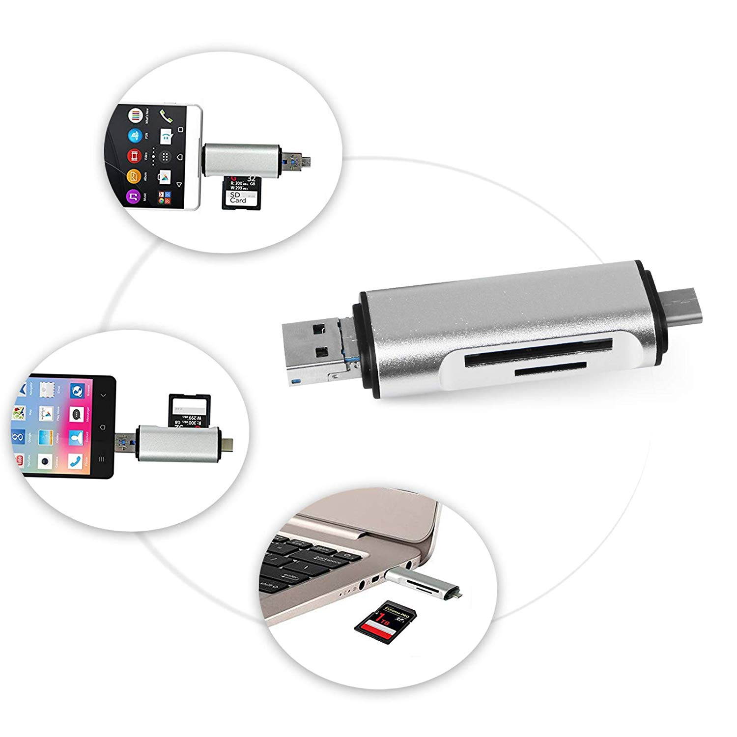3in1 Type-C USB Micro OTG Card Reader for TF SD Android Computer, 3 in 1 SD/TF Card Reader with USB-C / USB / Micro USB Port.