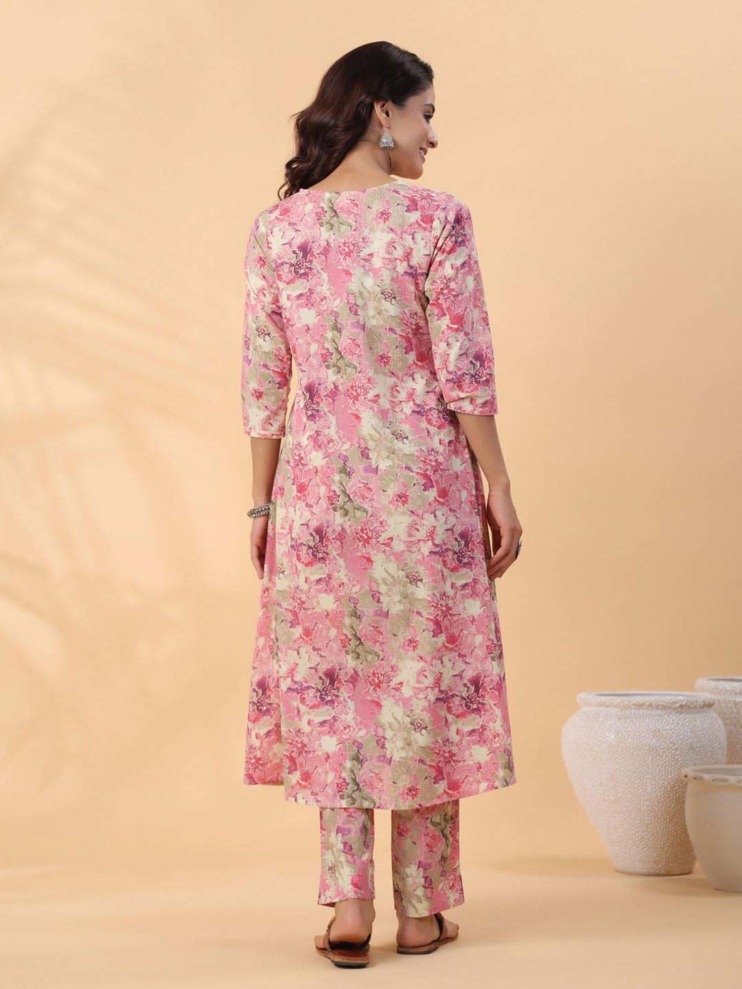 Janasya Beige Cotton Printed Kurta & Pant Set