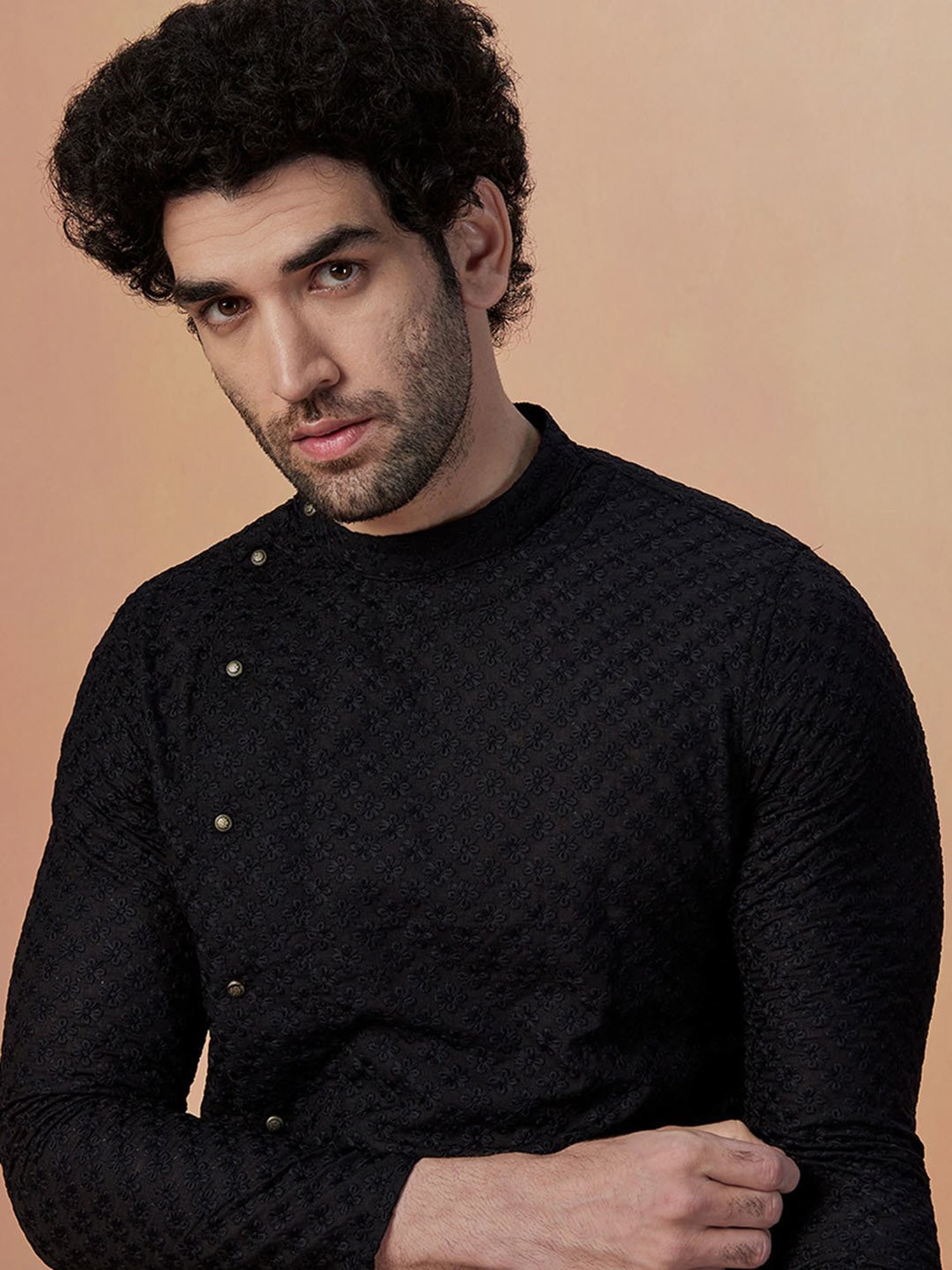 Manyavar Black & Light Beige Embroidered Kurta & Pyjama Set