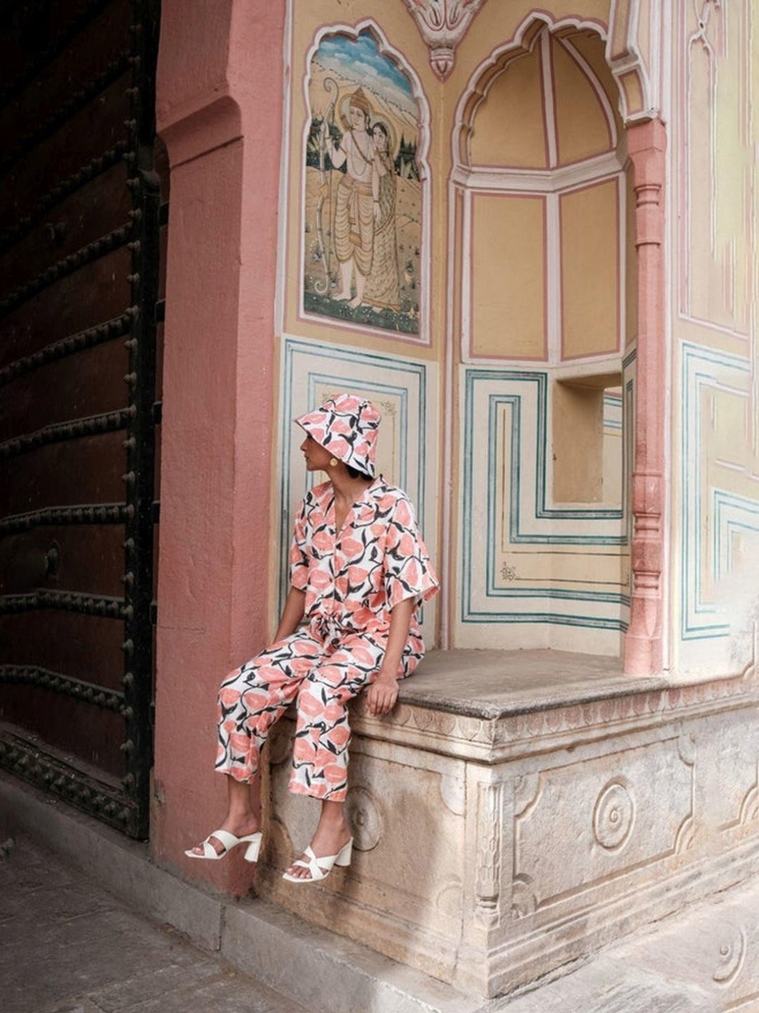 Khajoor Studio White & Pink Bageecha Outlined Florals Boxy Resort Shirt