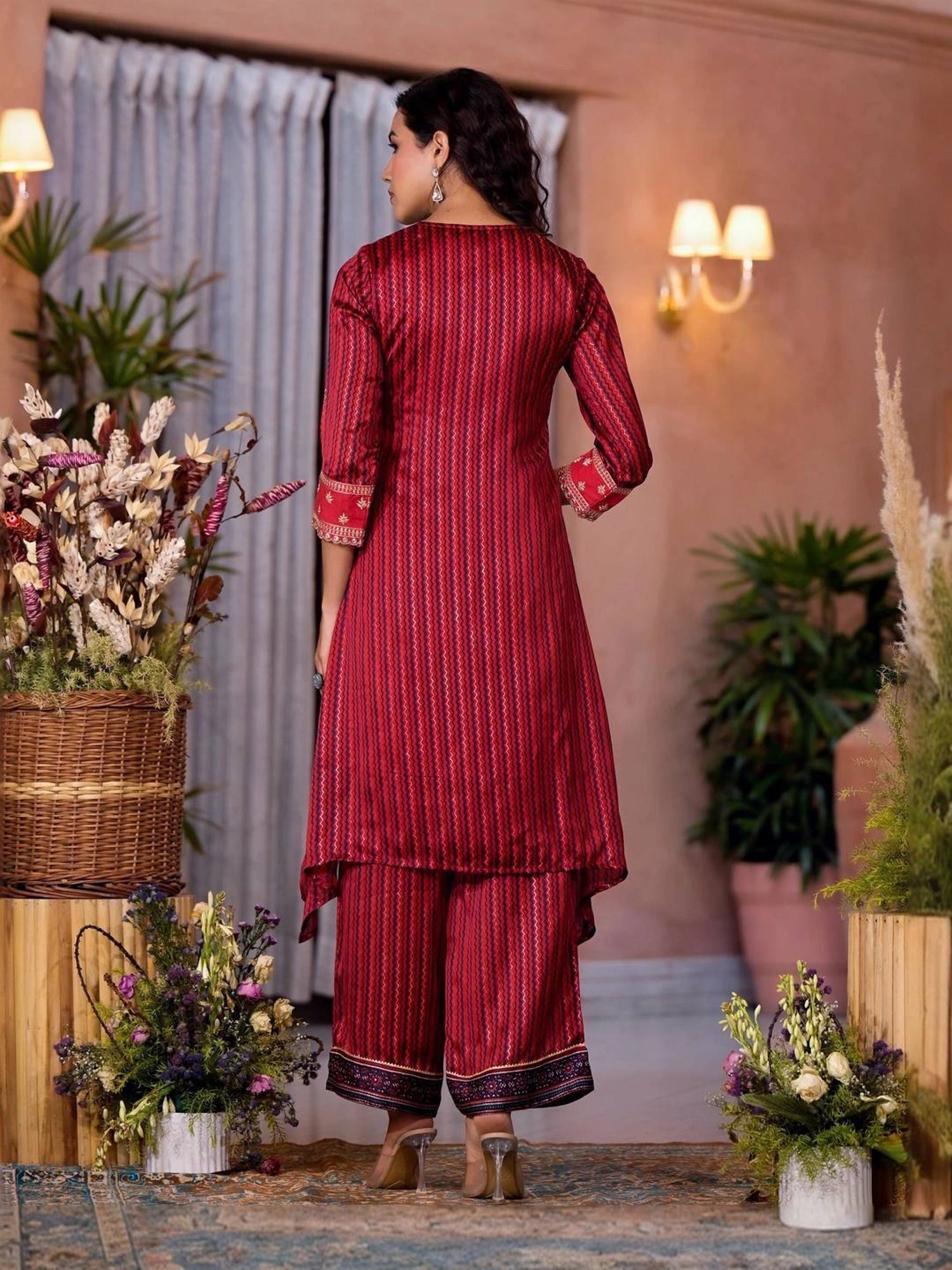Juniper Red Embroidered Kurta Pant Set With Dupatta