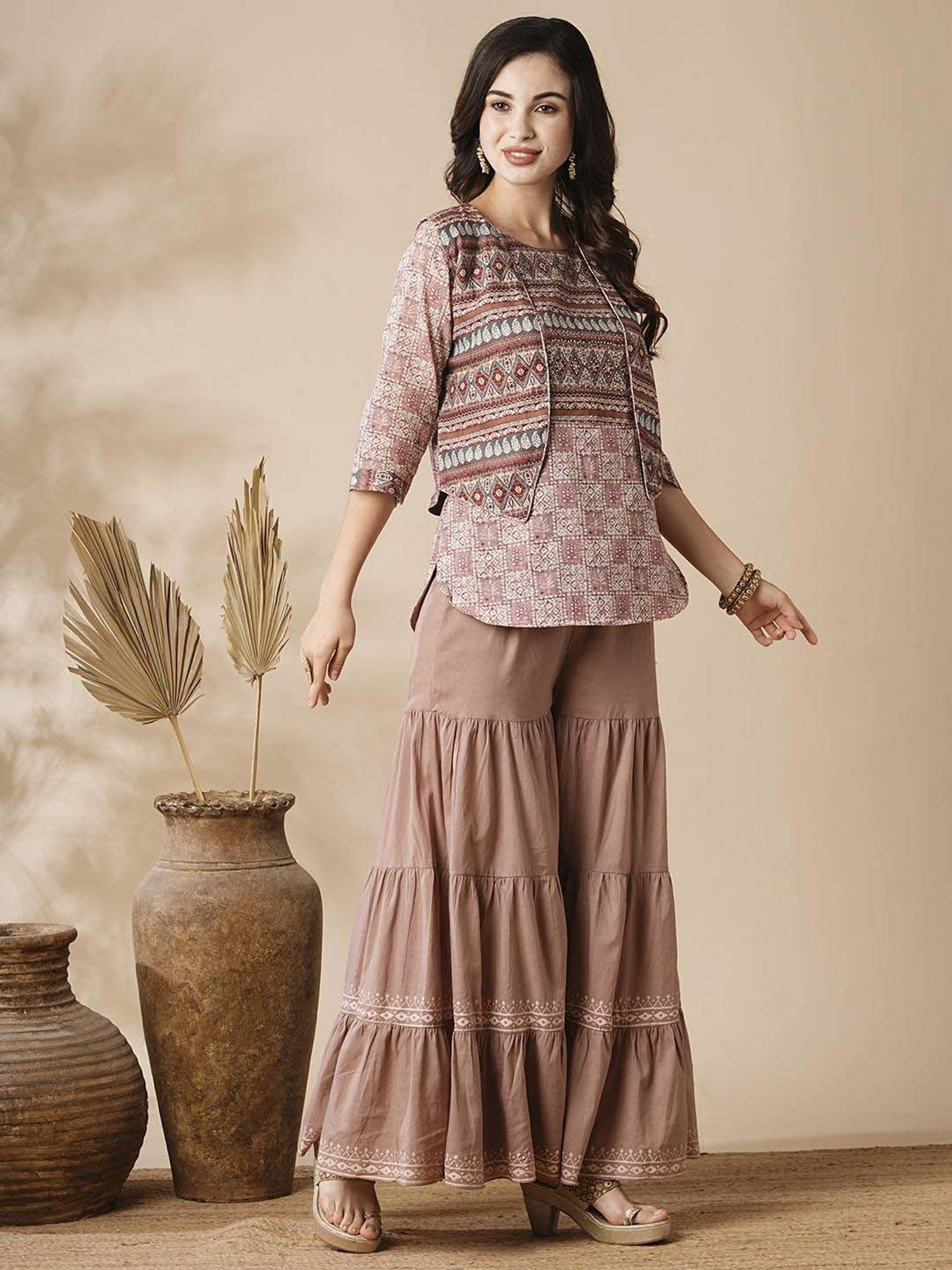 Fashor Beige Cotton Printed Kurti Sharara Set With Jacket