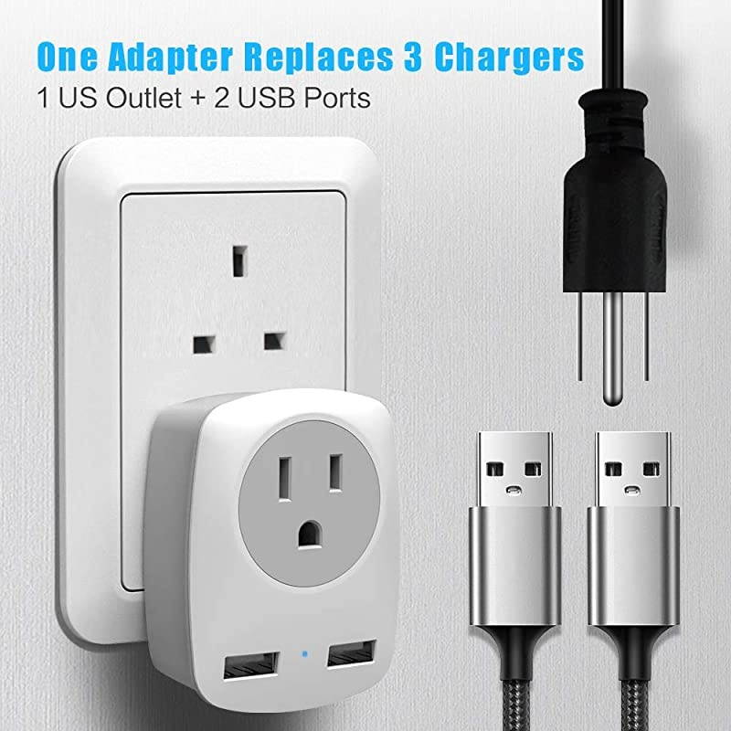 Travel Adapter, US to /Ireland/Hong Kong Plug Adapter with 2 USB and 1 Electrical Outlet, America to Europe Irish British England Scotland Travel Adaptor (Type-G)