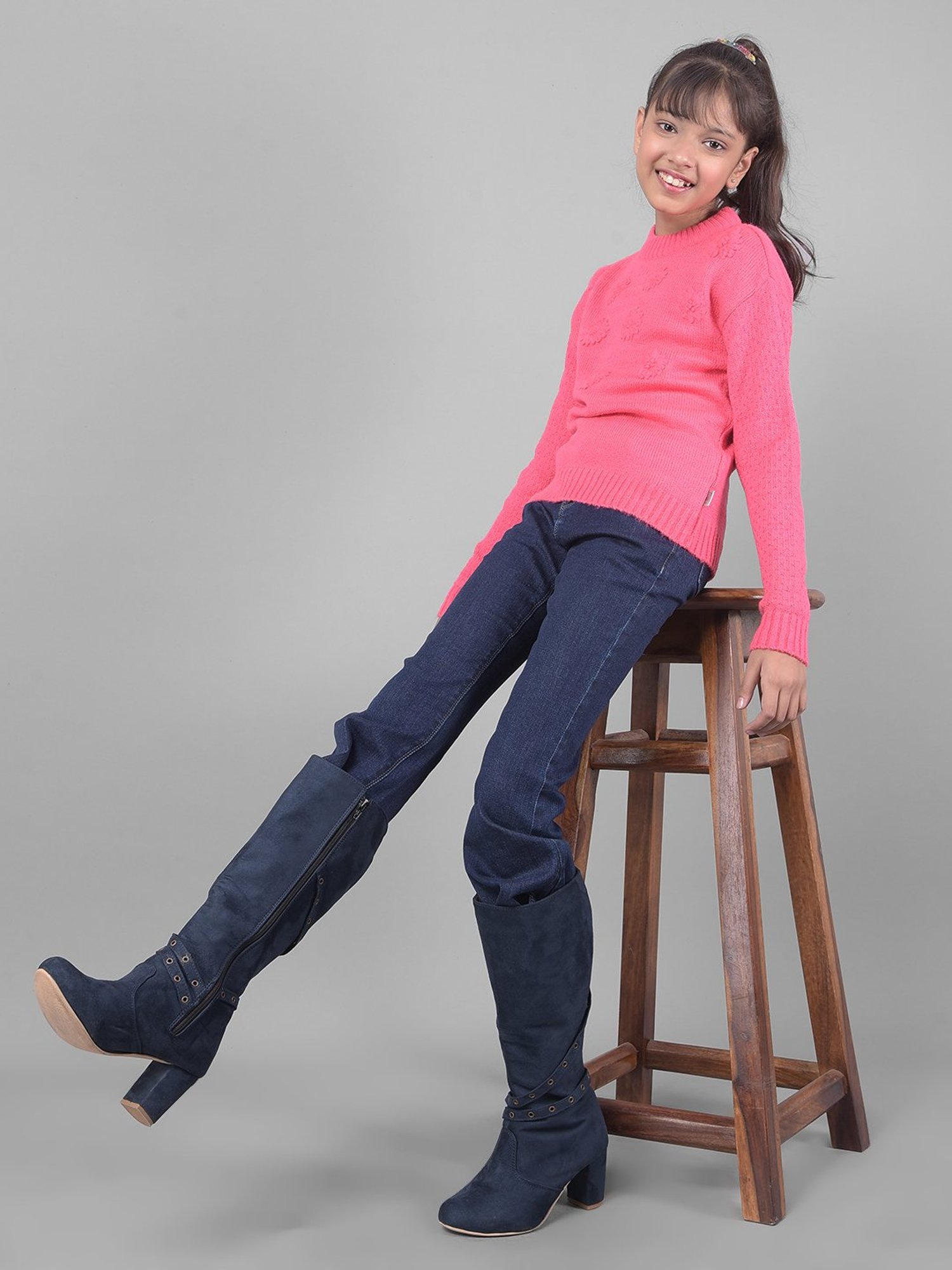 Crimsoune Club Kids Pink Self Design Full Sleeves Sweater