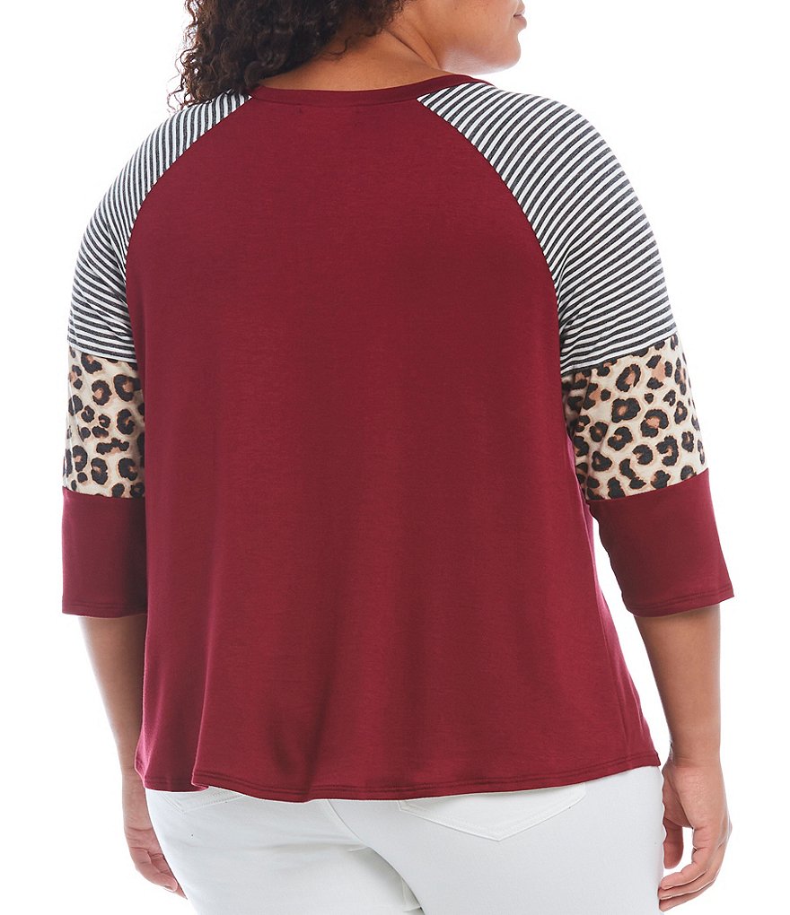 Moa Moa Plus Size Colorblock Round Neck Printed Raglan 3/4 Sleeve Top