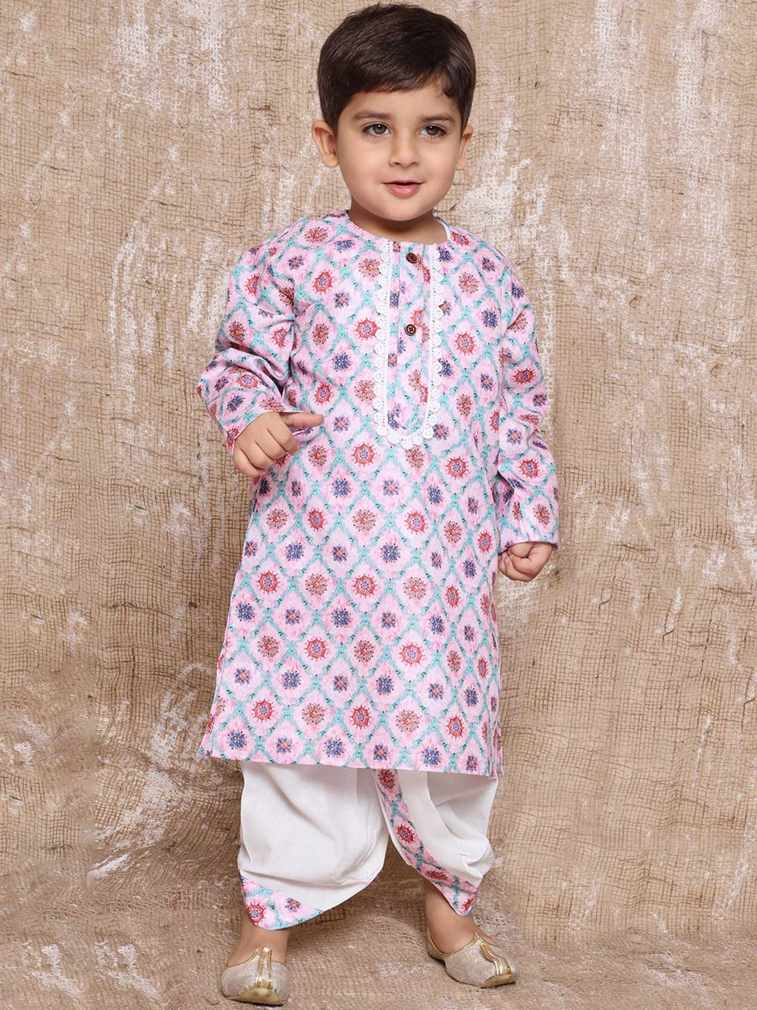 AJ Dezines Kids Pink & White Floral Print Full Sleeves Kurta with Dhoti