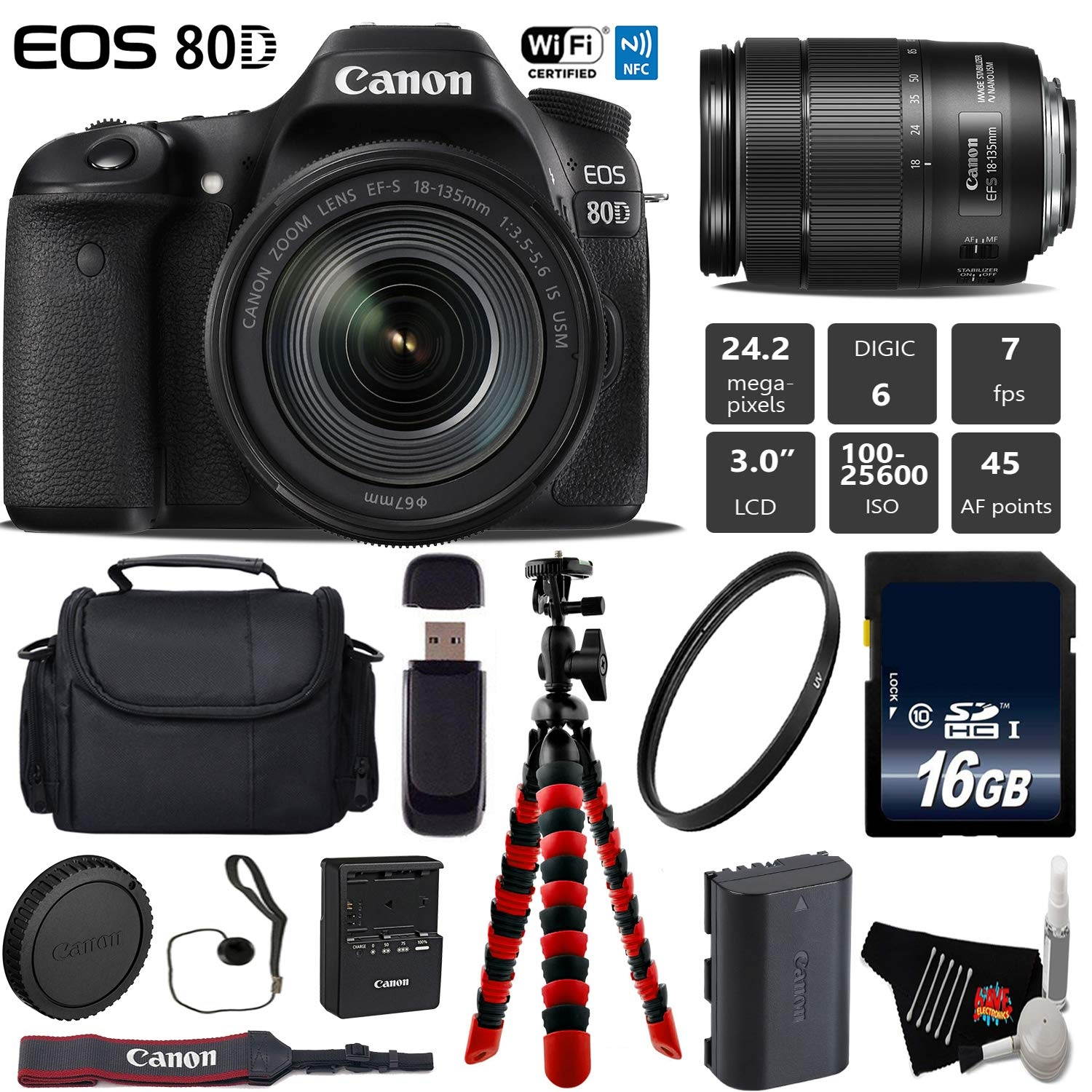 Canon EOS 80D DSLR Camera with 18-135mm is STM Lens + Professional Case + Flexible Tripod + UV Protection Filter + Card Reader - Intl Model