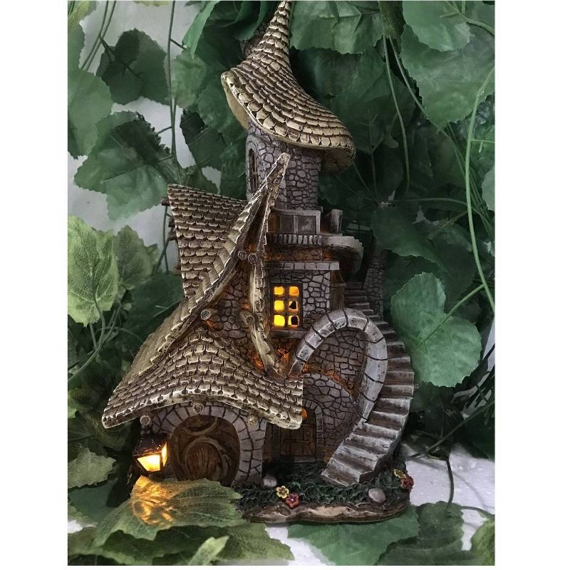 13" Polyresin Solar Fairy Garden House with Crooked Rood and Light Brown - Hi-Line Gift