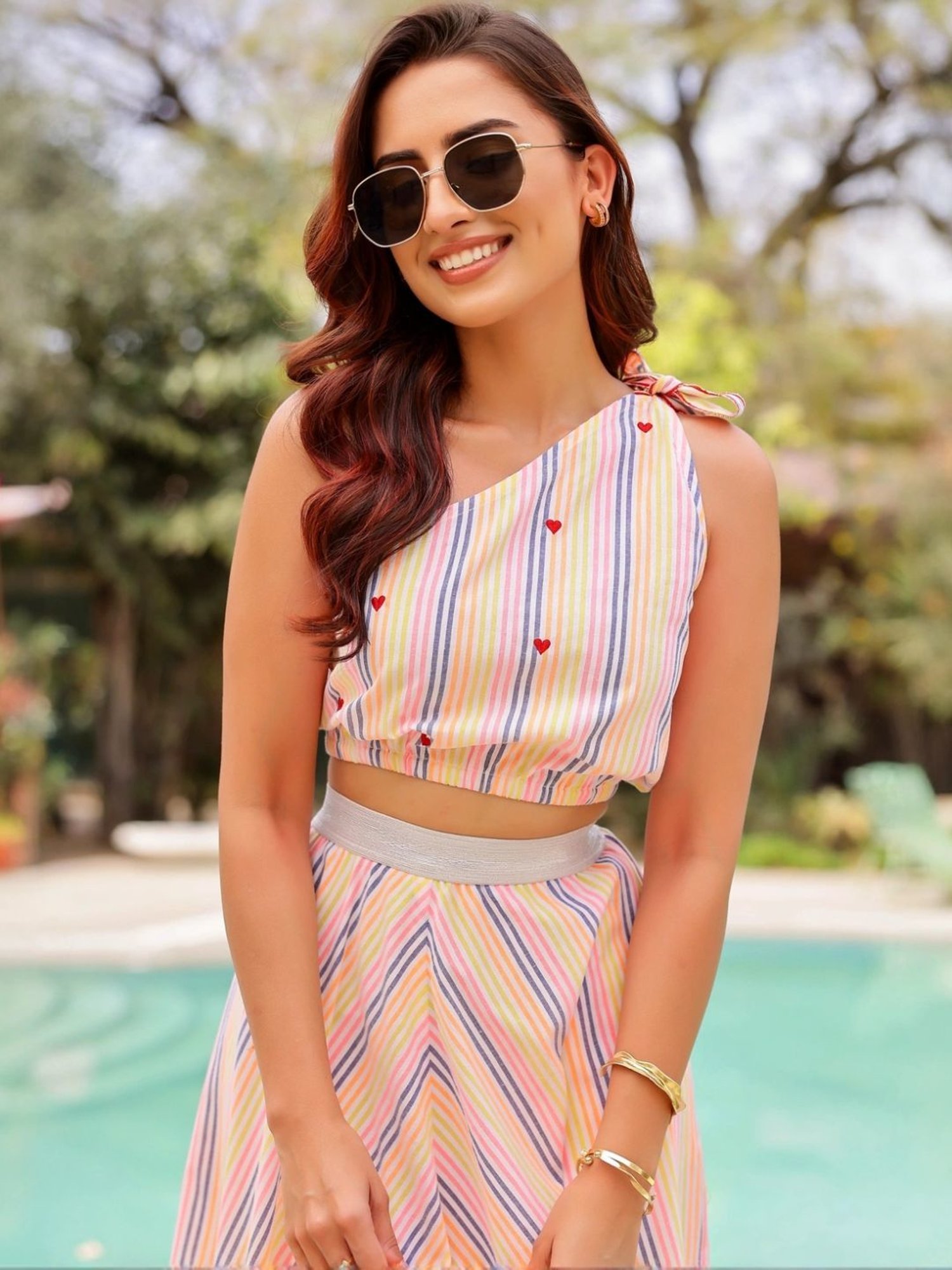 Gulaal Multicolored Stripe One Shoulder Top With A-line Skirt