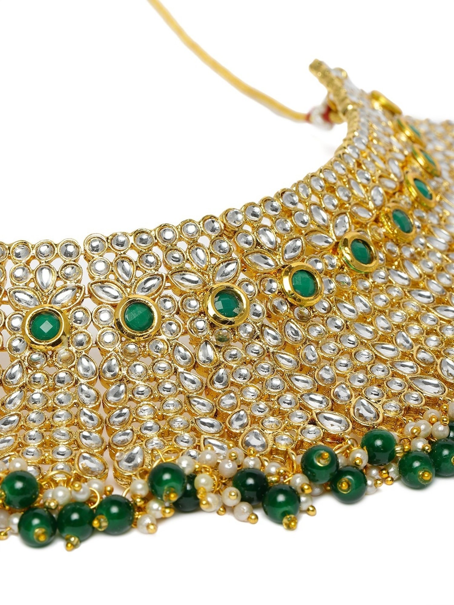 Zaveri Pearls Green Stones & Beads Bridal Kundan Choker Necklace Earring & Maangtikka Set-ZPFK10138