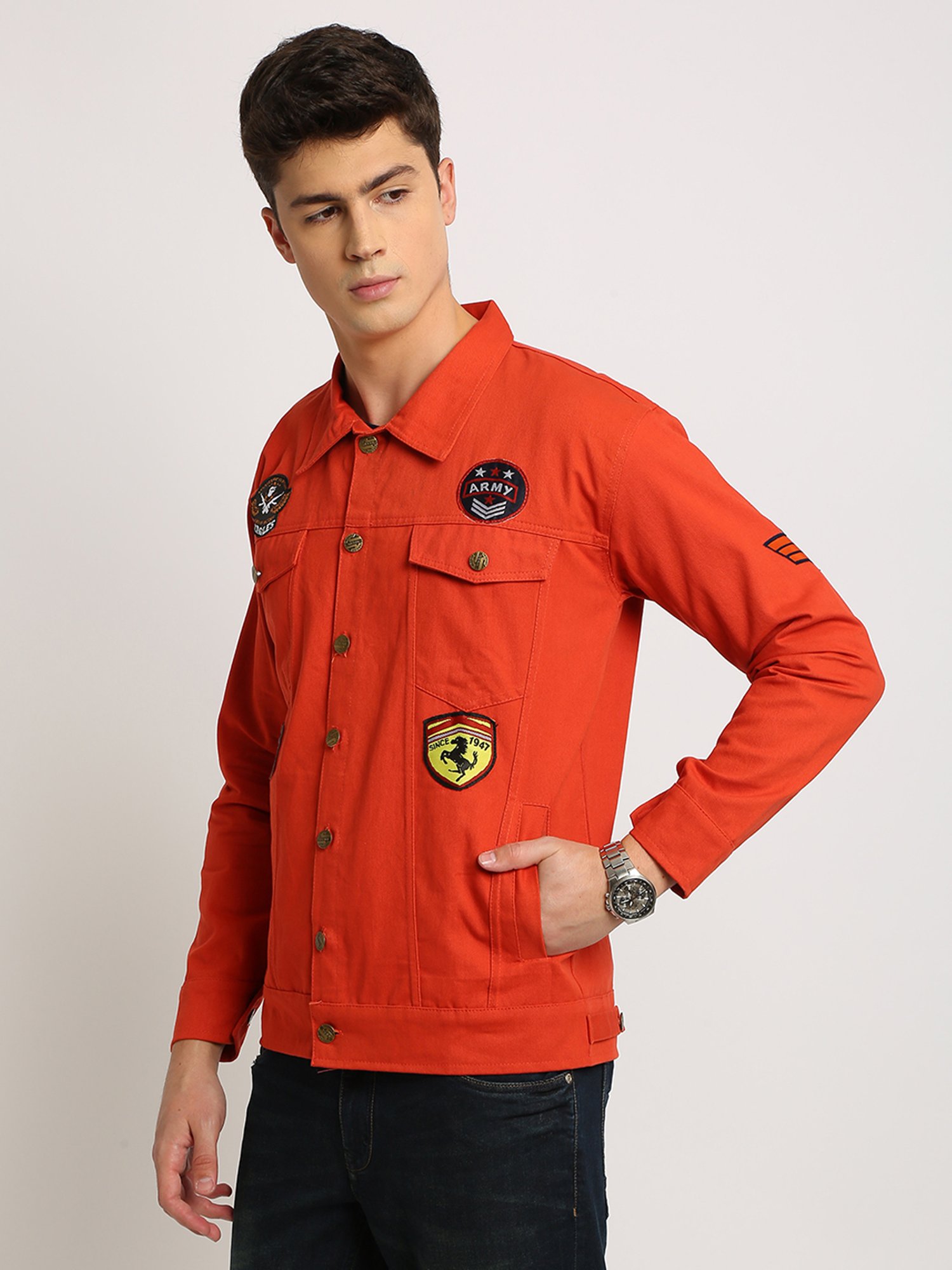 VOXATI Orange Full Sleeves Shirt Collar Denim Jacket