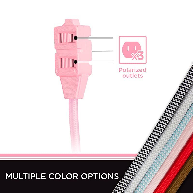 Light Pink Designer 3 Extension 2 Prong Power Strip Extra Long 8 Ft Cable with Flat Plug Braided Chevron Fabric Cord SlidetoLock Safety Outlets 39986 8 ft 8 Ft