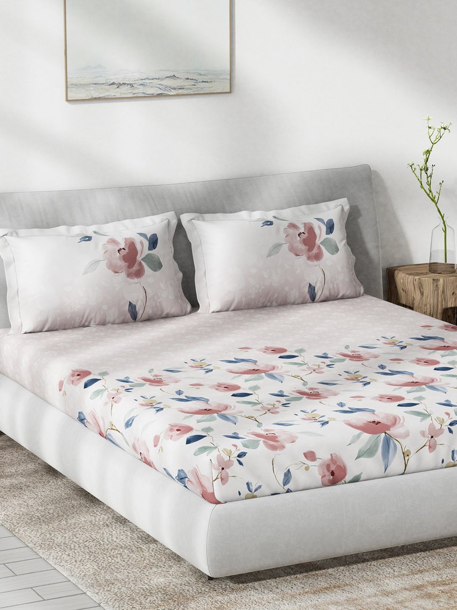 DDecor Floral Pink 136 TC Cotton King Fitted Bed Sheet With 2 Pillow Covers