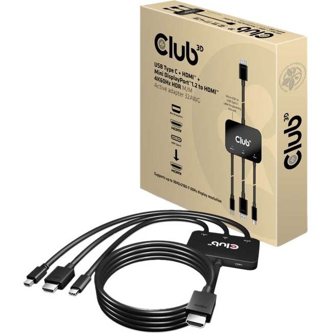 Club3D CAC-1630 USB Type C + HDMI + MiniDisplayPort 1.2 to HDMI 4K60Hz HDR M/M Active Adapter 32AWG