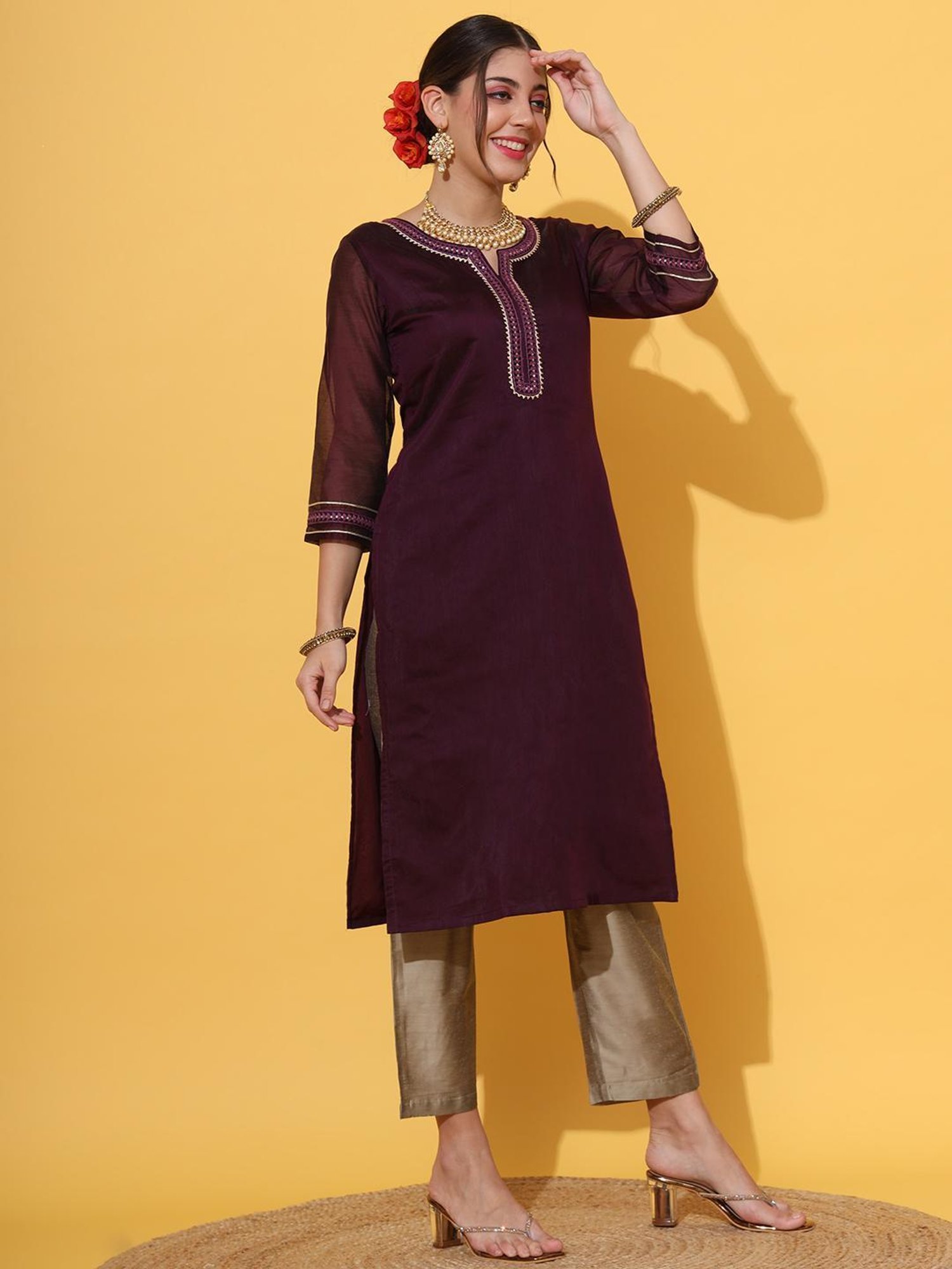 DECKEDUP Wine Embellished Kurta With Pants
