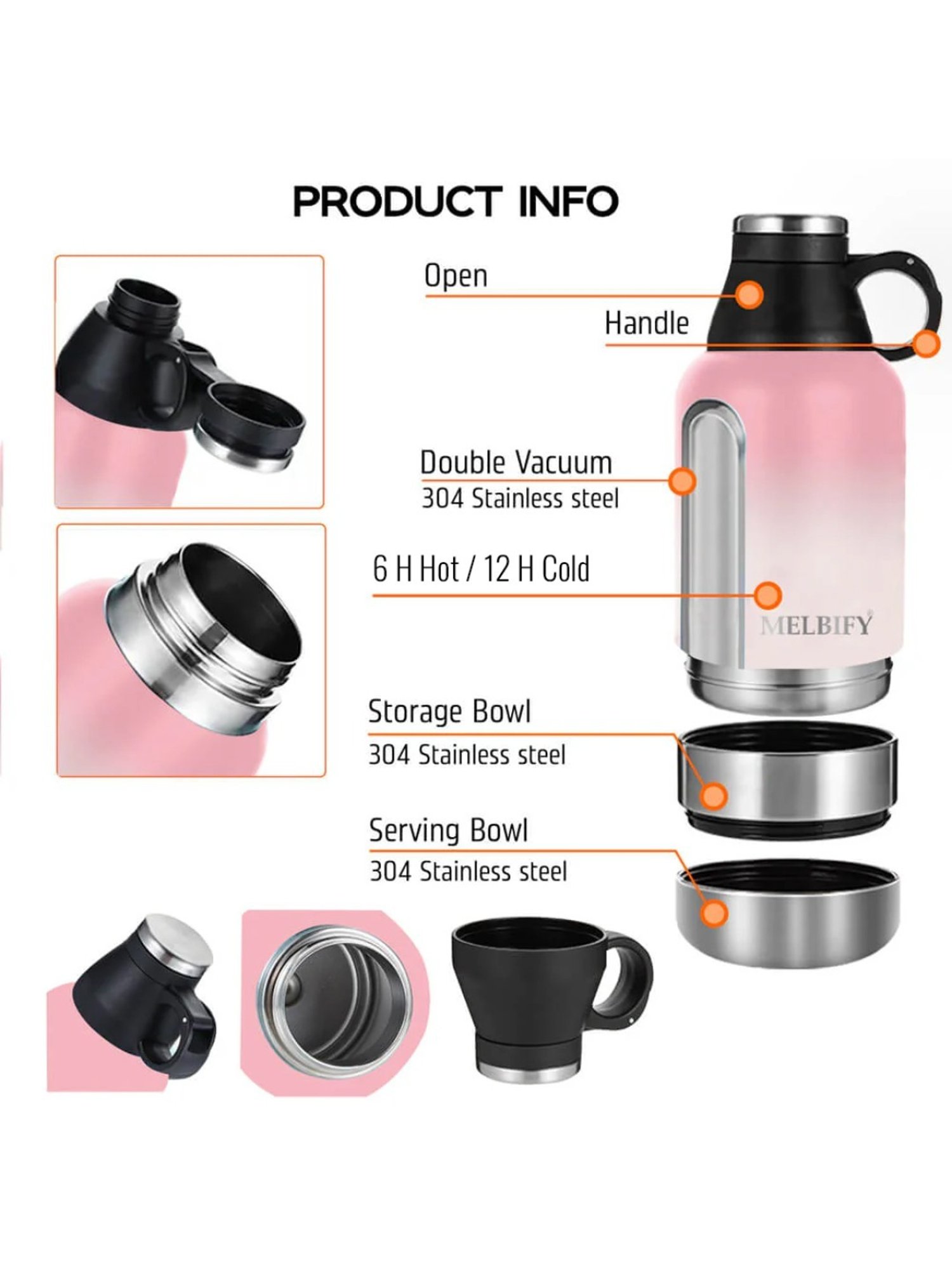 Melbify 3-in-1 Thermos Flask Pink ThermoSteel Water Bottle (1L)