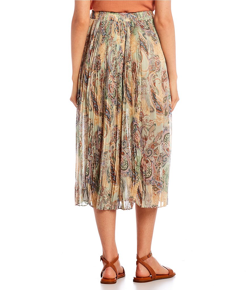 Blu Pepper Paisley Print High Rise Pleated Side Slit Midi Skirt