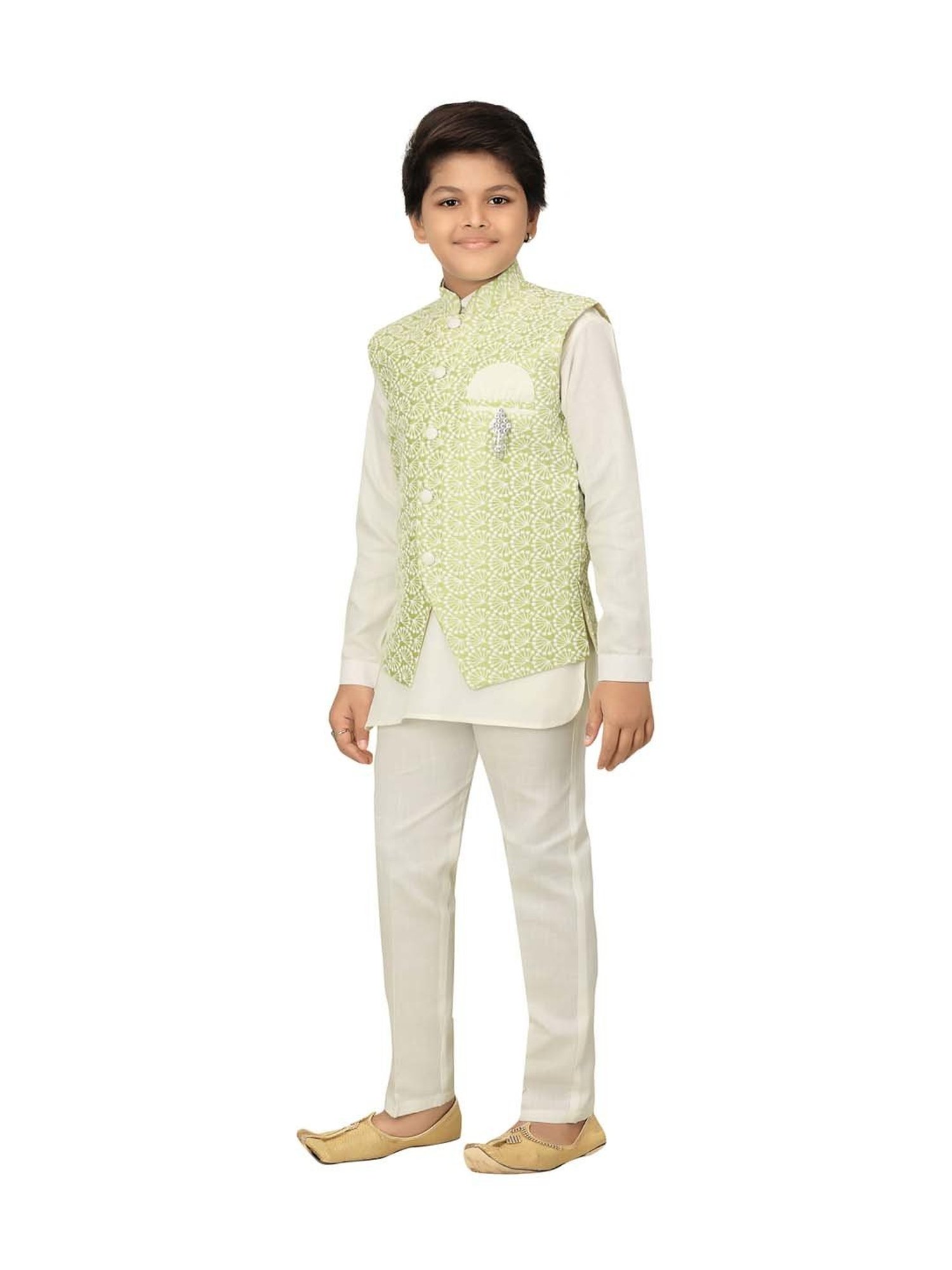 Ahhaaaa Kids Green & White Cotton Embroidered Full Sleeves Kurta Set