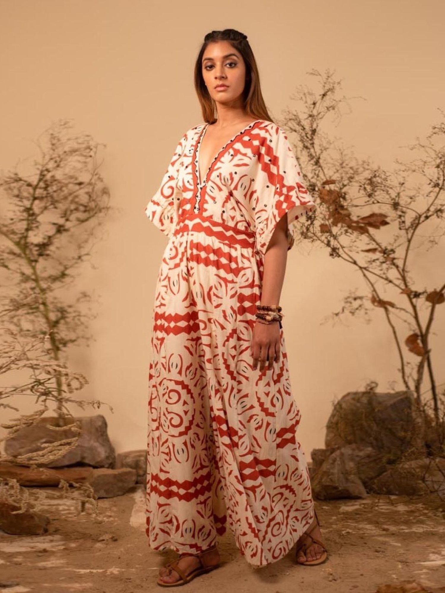 LABEL REYYA Beige & Rust Tribal Jumpsuit
