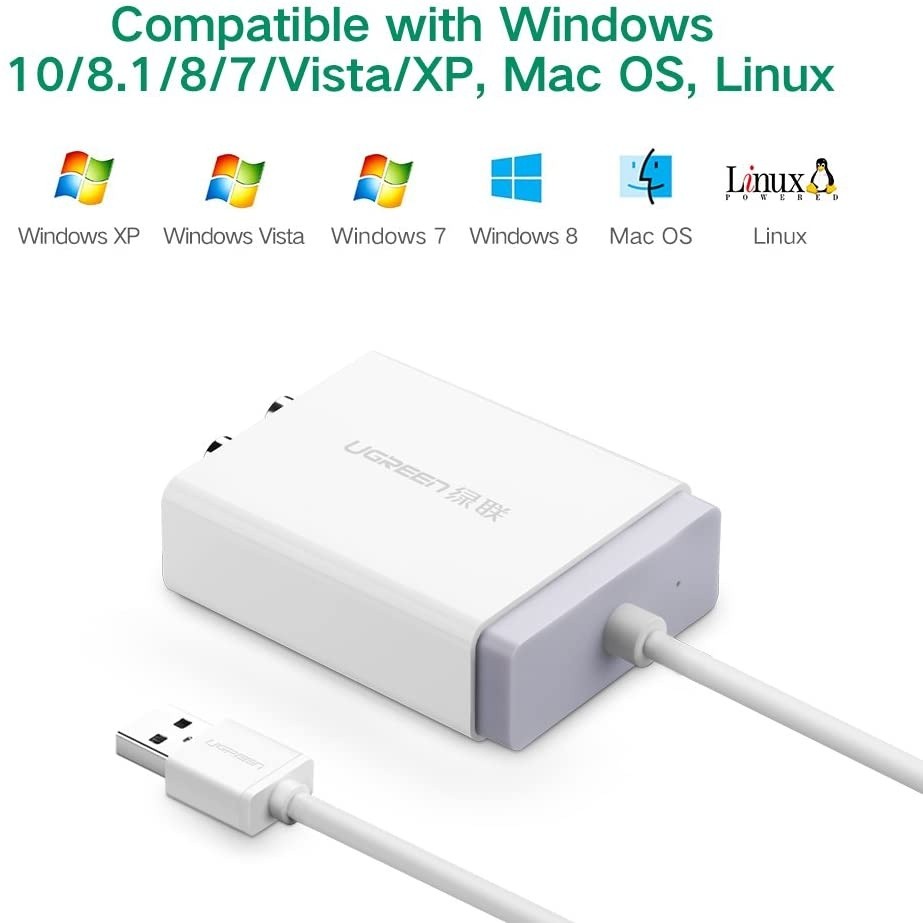 UGREEN USB External Stereo Sound Card Audio Adapter with 3.5mm Aux and 2RCA Converter for Speaker, Headphone and Microphone, Earphone, Headset, Plug and Play on Windows, Mac, Linux and PS4, 3ft Cable