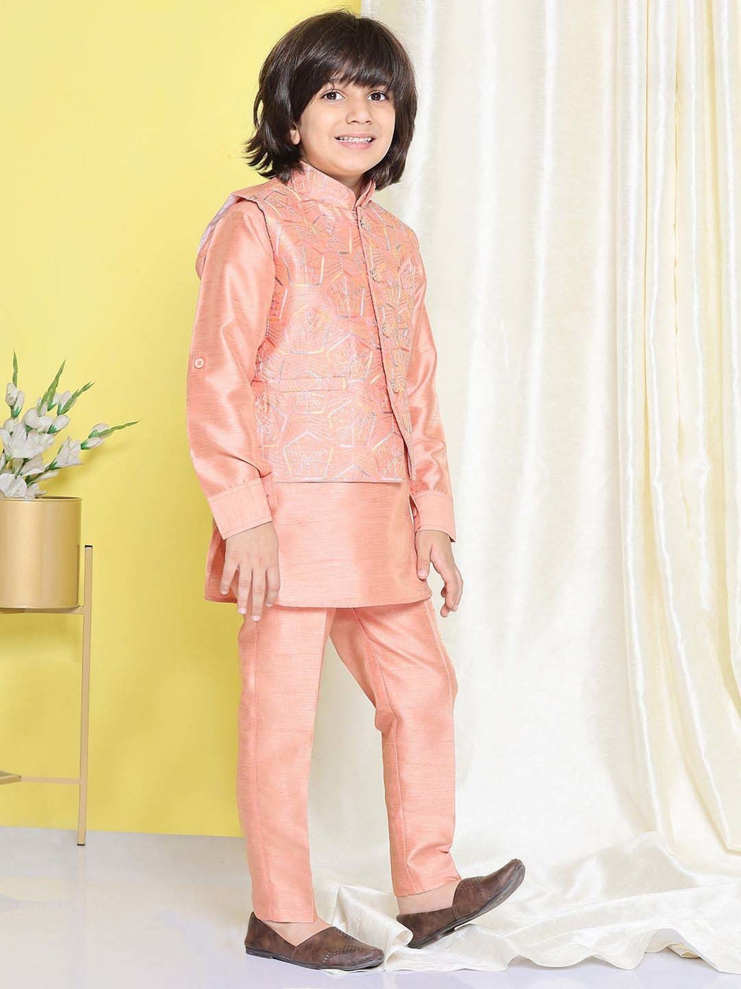 AJ Dezines Kids Peach Embroidered Full Sleeves Kurta Set