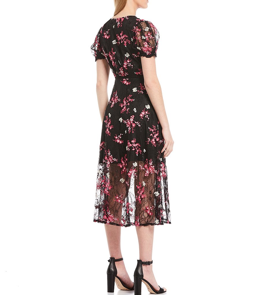 Shabby Chic Ruby Puffed Sleeve Embroidered Floral Lace Midi Dress