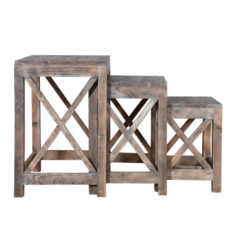Set of 3 Rustic Rectangular Farmhouse Mango Wood Nesting Tables with X Side Panels Brown - The Urban Port