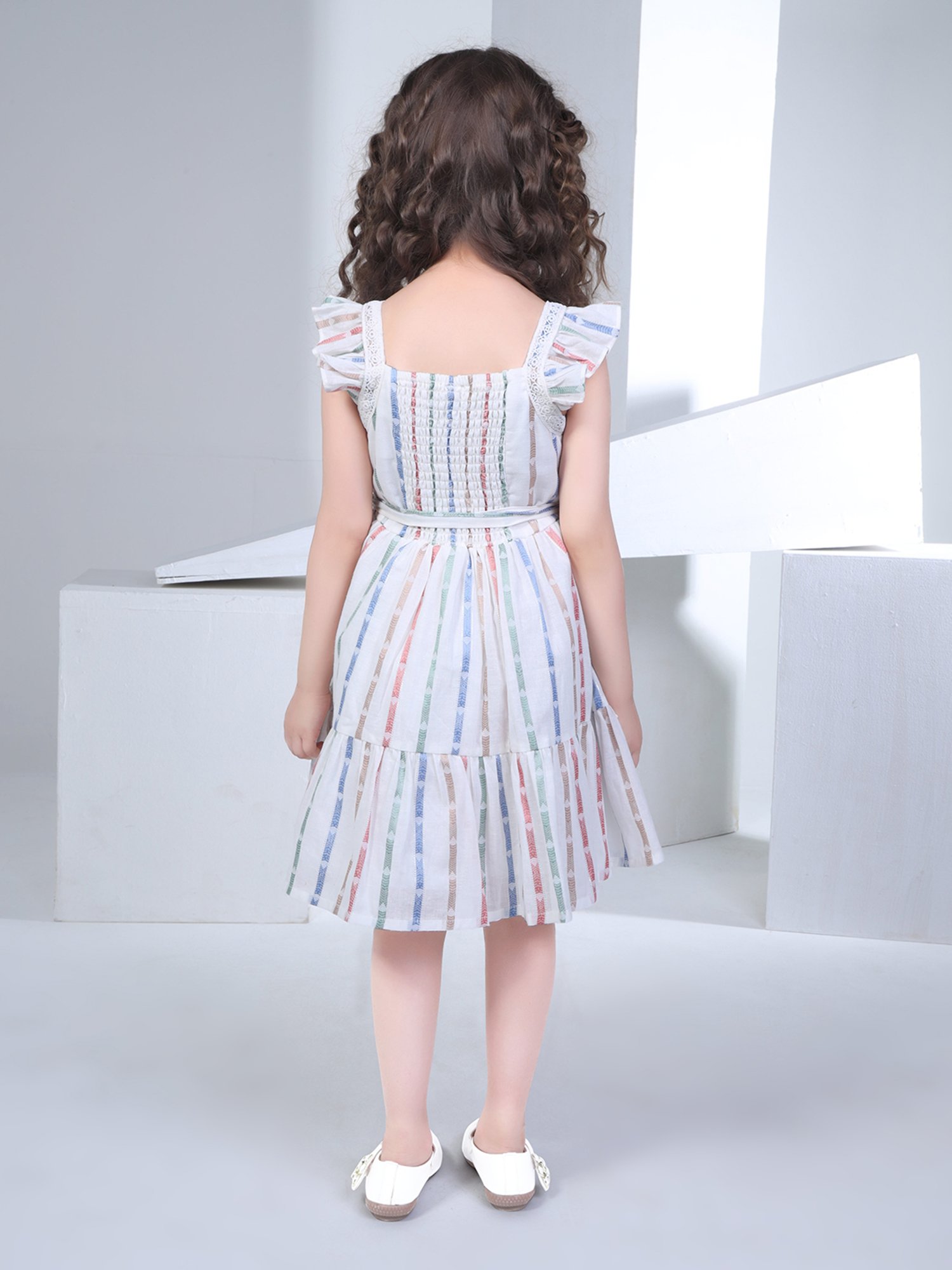 Peppermint Kids Beige Striped Dress