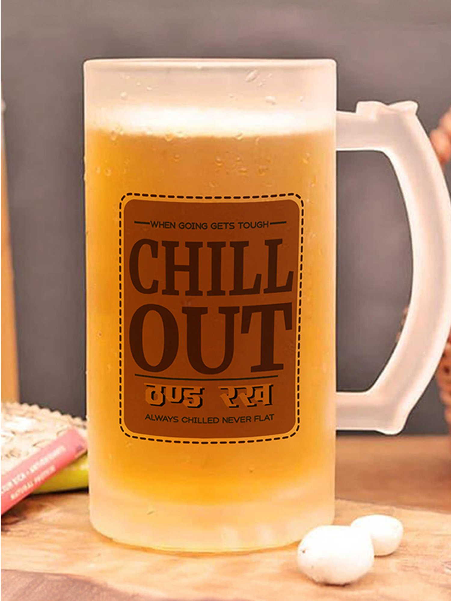 Gathari Chill Out Quote White Glass Beer Mug with Handle 470 ml