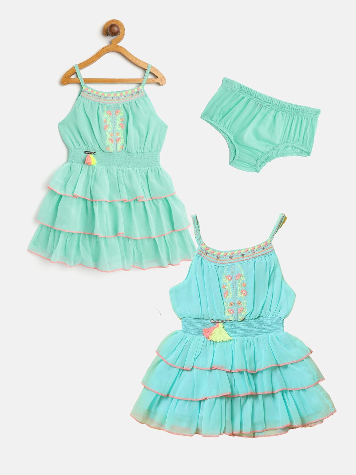 Nauti Nati Kids Blue & Mint Green Embroidered Dress (Pack Of 2)