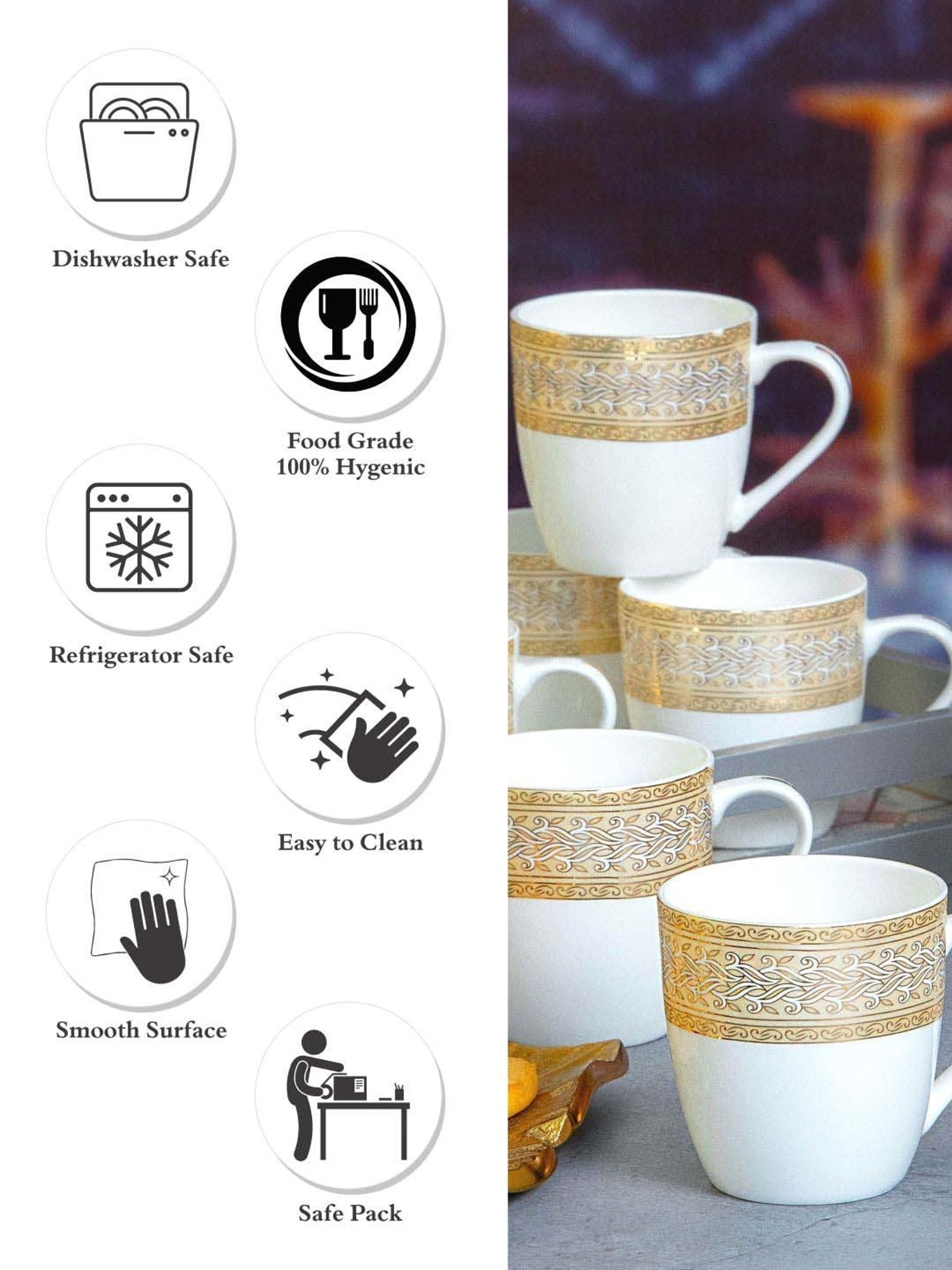 SONAKI White & Golden Bone China Tea Cup (0.17 L) - Set of 6