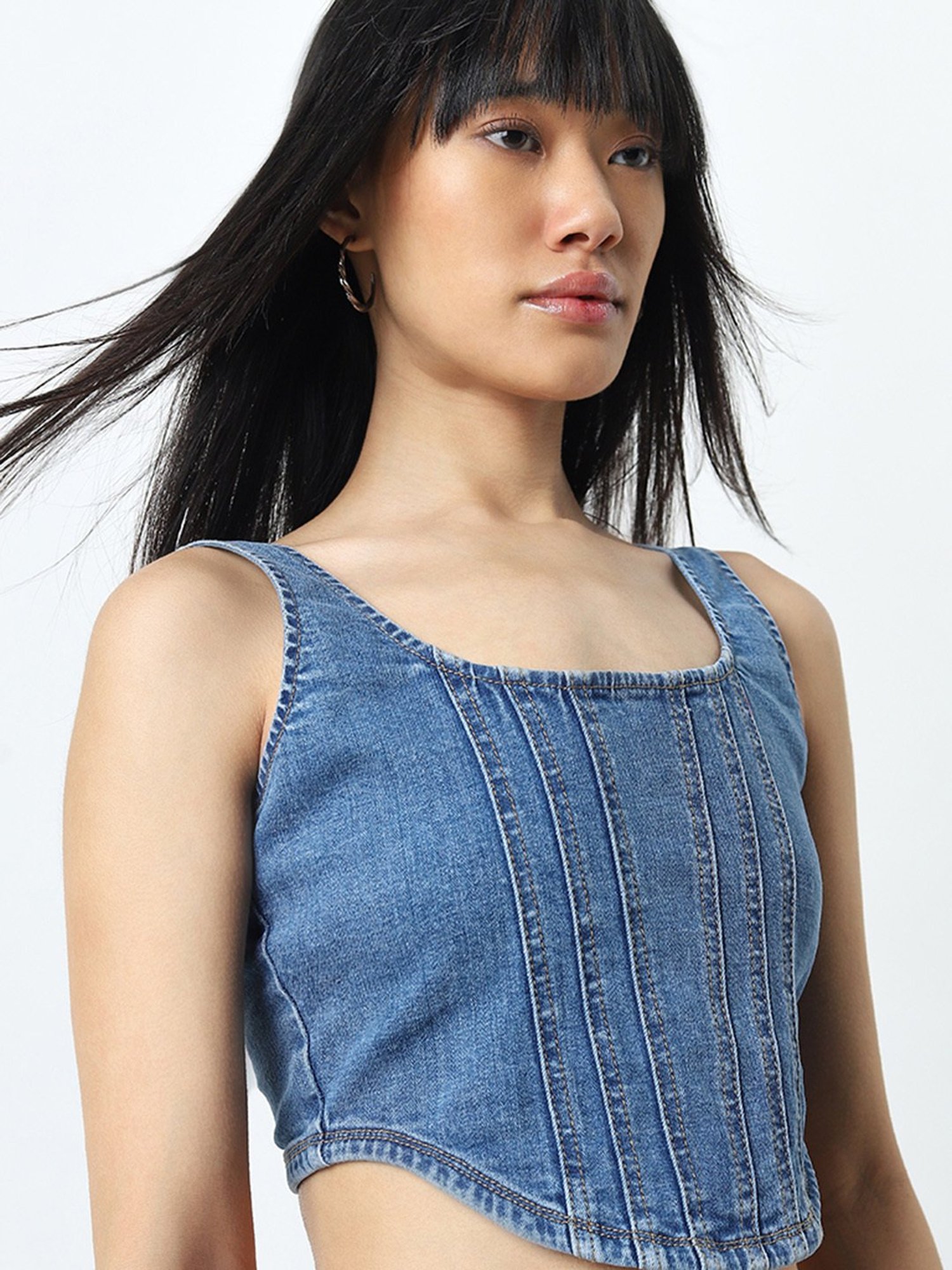 Nuon by Westside Blue Corset-Style Denim Crop Top