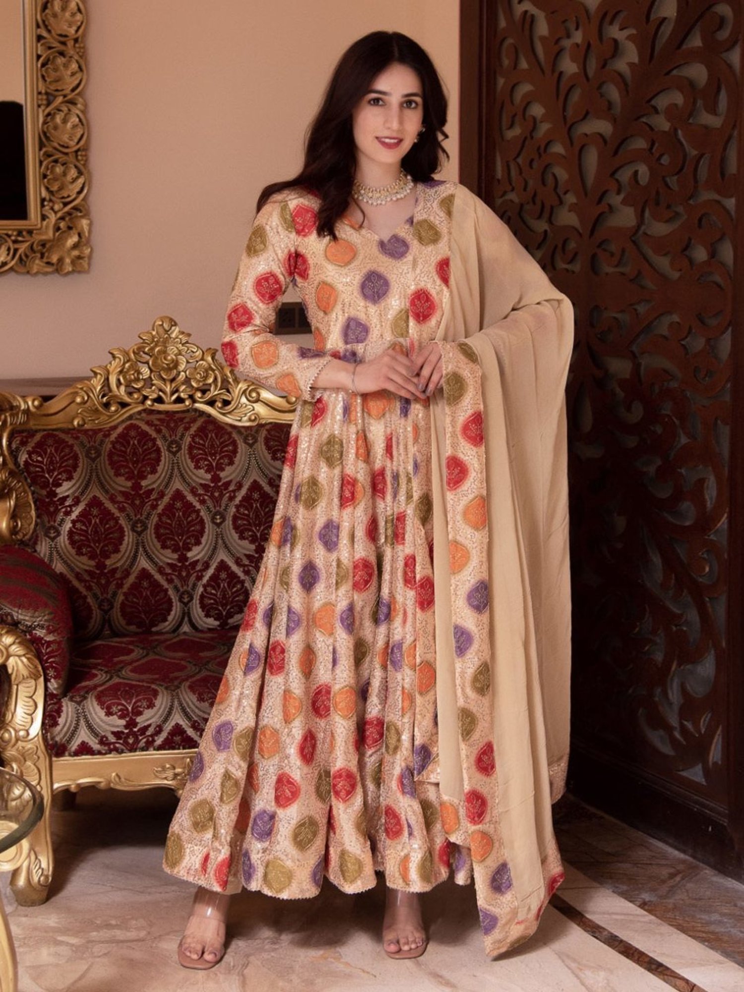 Calmna Sitara Beige Sequin Anarkali Suit Set