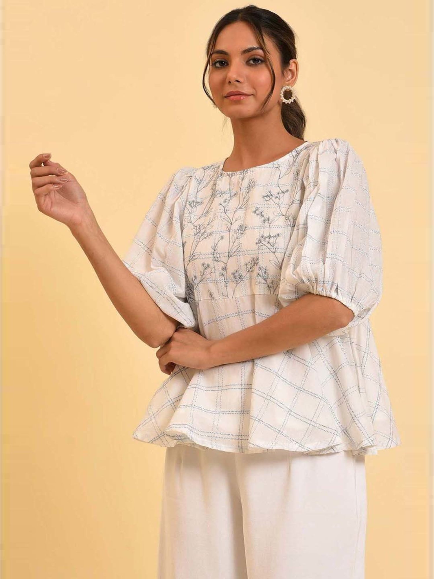 W Off-White Cotton Chequered Top