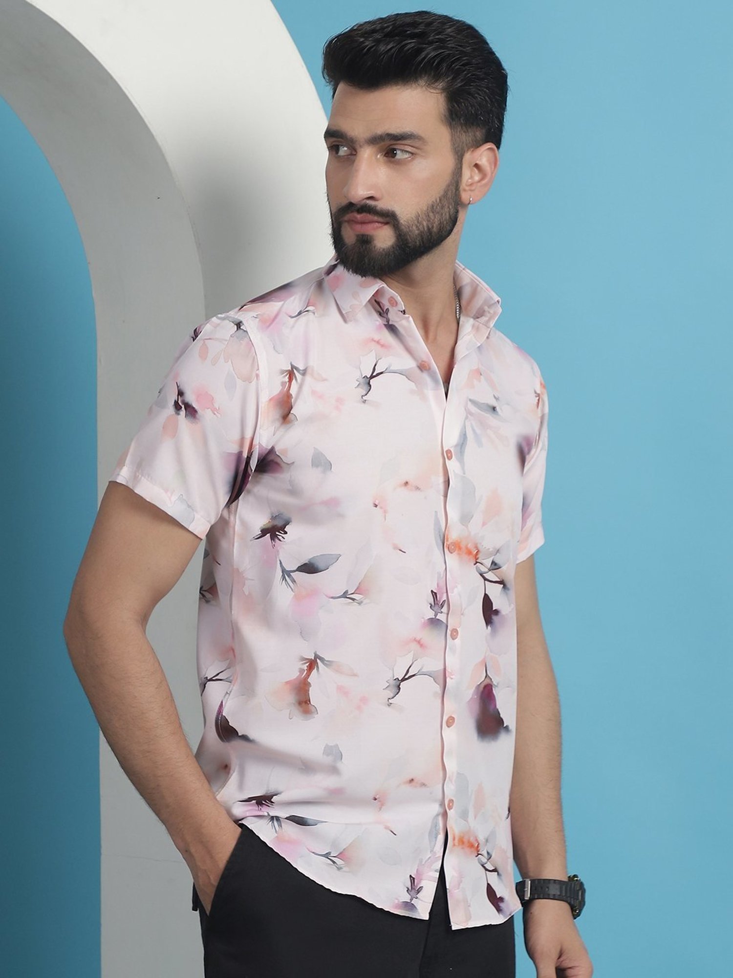 Indian Needle Orange Cotton Regular Fit Floral Print Shirt