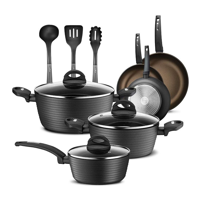 NutriChef Metallic Ridge Line Nonstick Cooking Kitchen Cookware Pots and Pan Set with with Lids and Utensils, 12 Piece Set, Gray