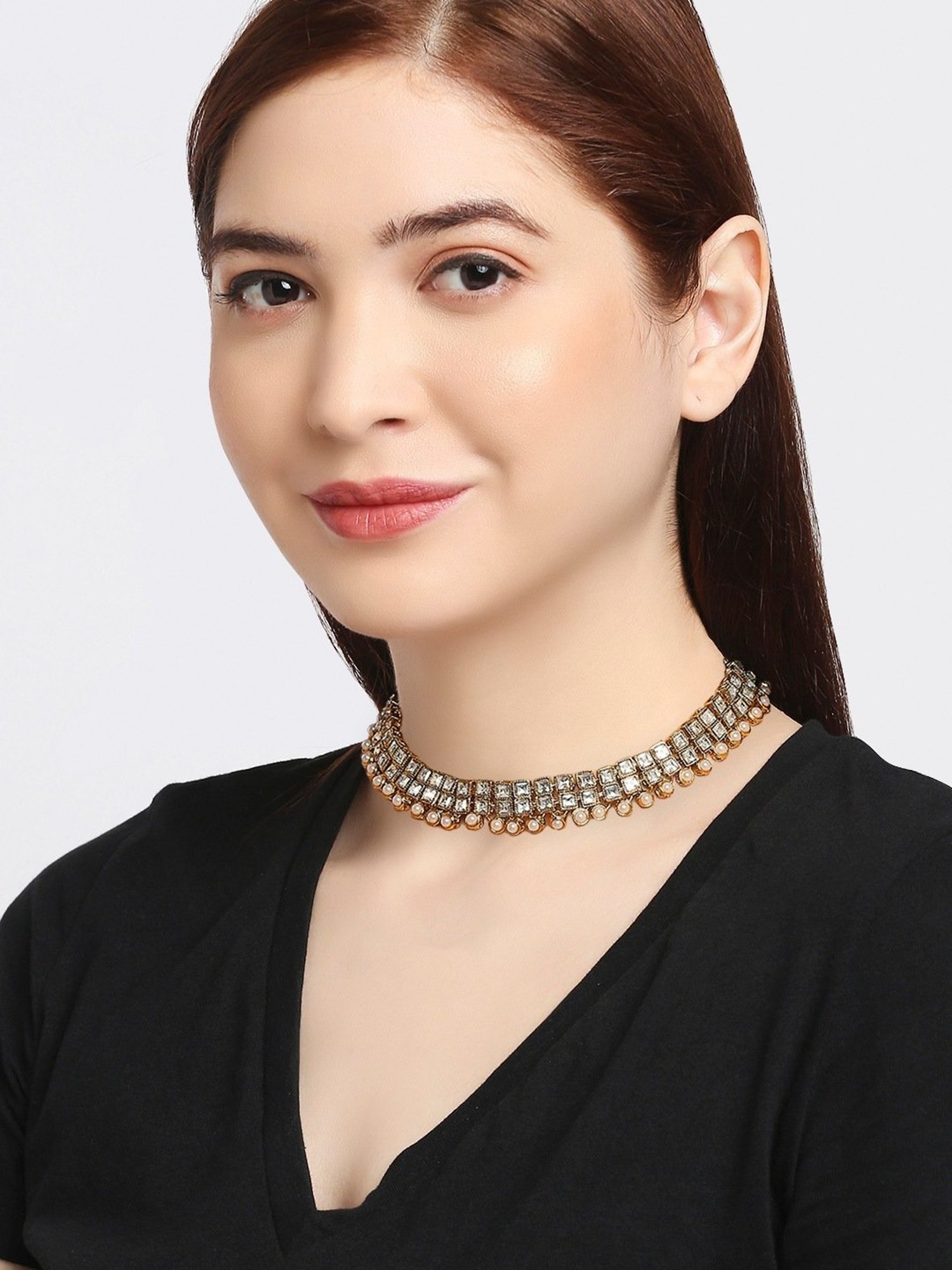 Oomph Gold Tone Kundan Studded Party Wear Indo Western Choker Necklace