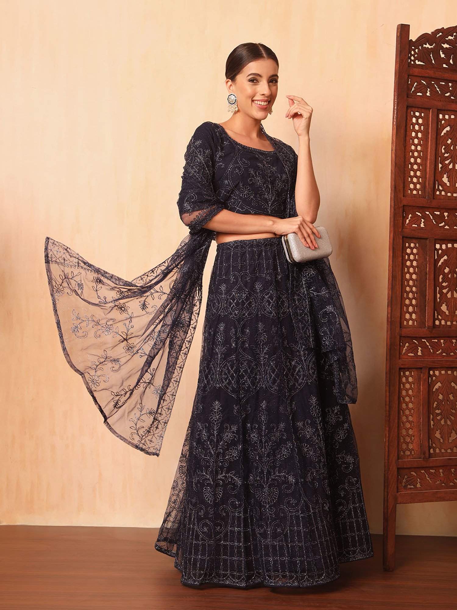 SHUBHKALA Dark Navy Embroidered Lehenga Choli Set With Dupatta