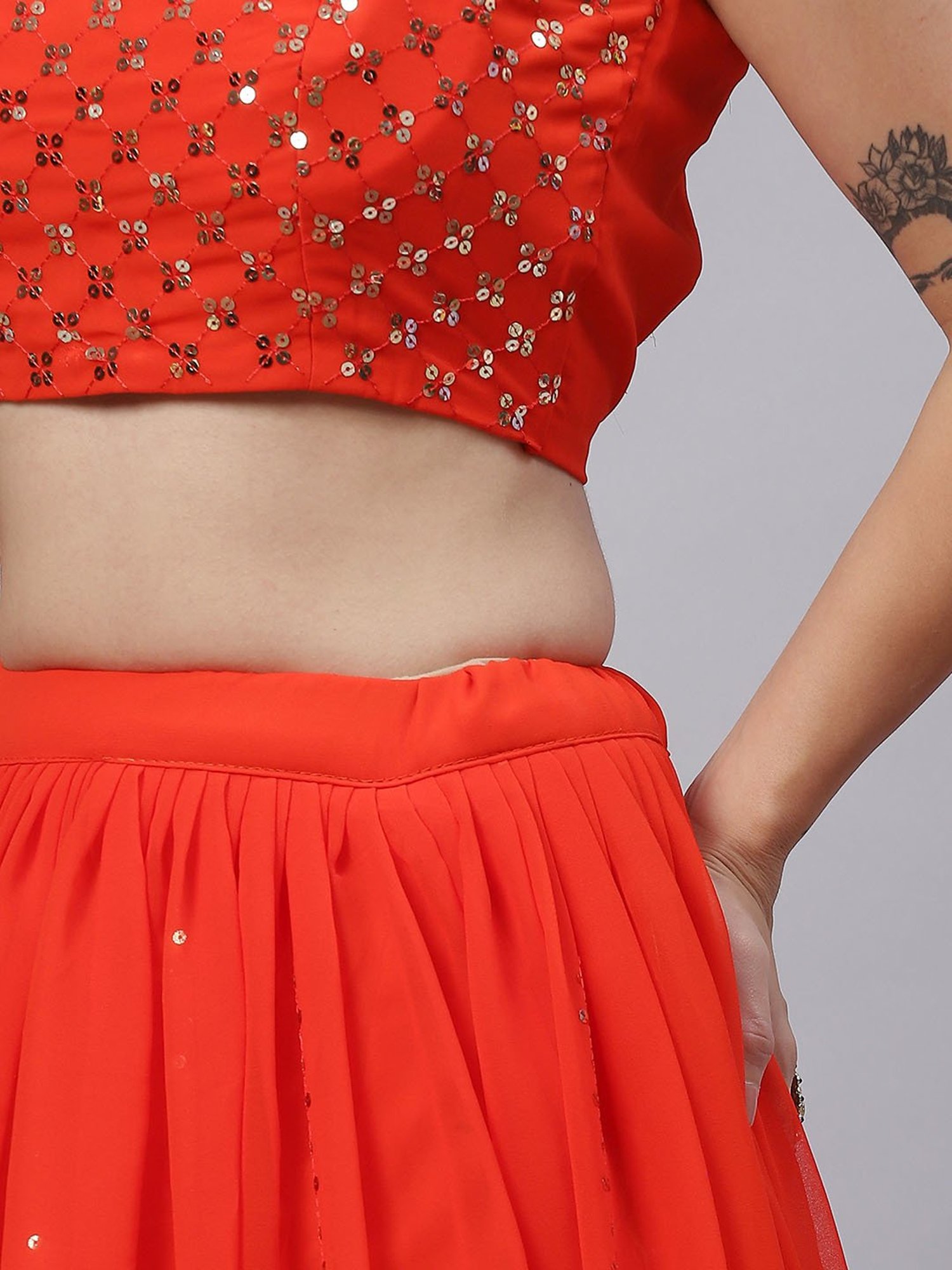 SHUBHKALA Orange Embellished Lehenga Choli Set With Dupatta