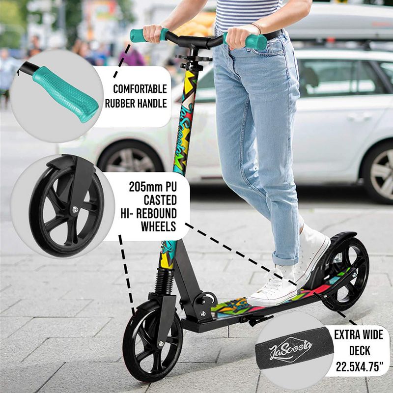 LaScoota Premium Adjustable Portable Folding Kick Scooter with Lightweight Wide Non Slip Deck and Carry Strap, Graphic